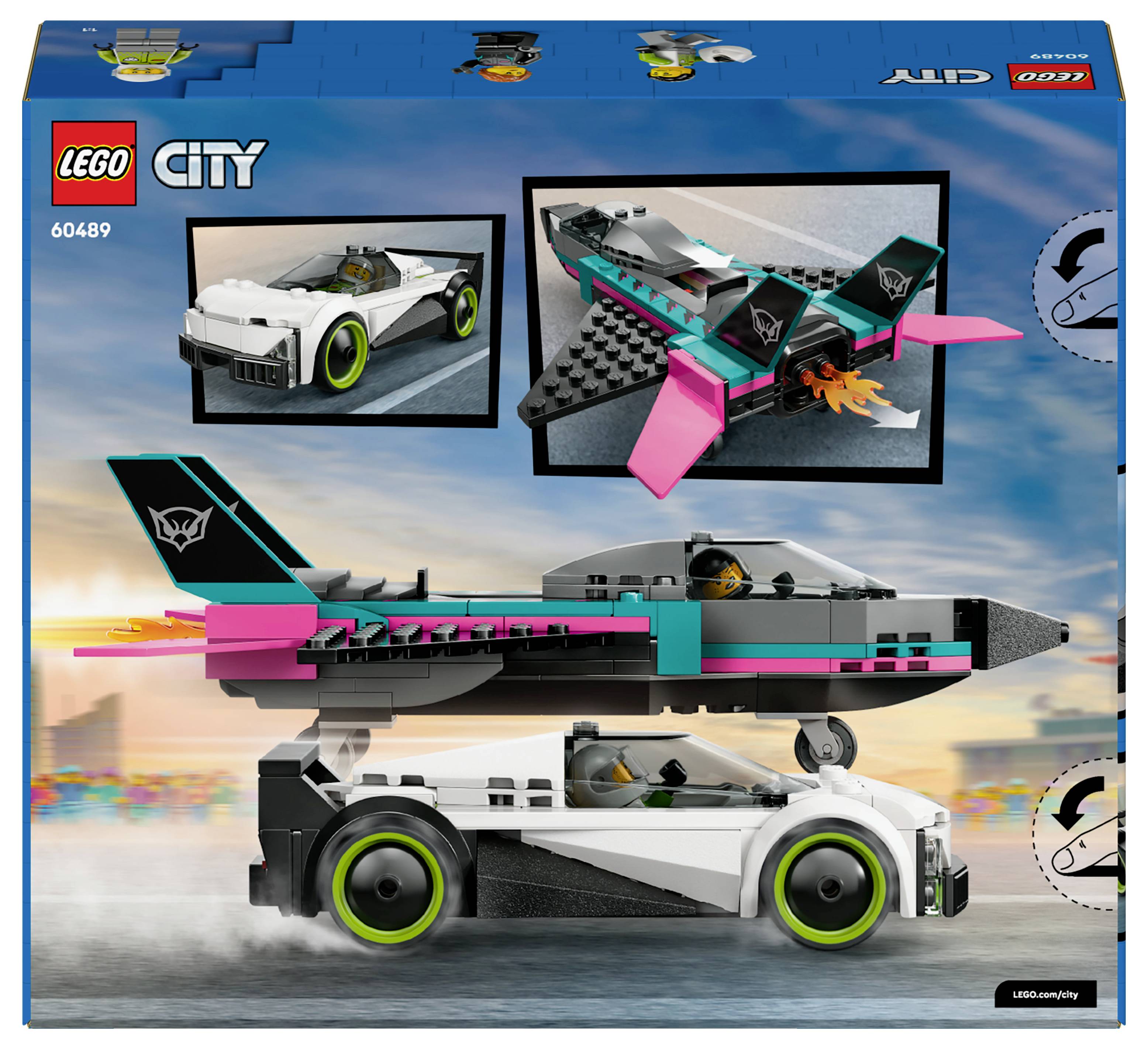 Sada Lego City 60489 s krabicí zobrazující modelové stavby konvertibilního sportovního vozu a tryskového letadla s neonovými akcenty, znázorněné v ilustracích složených z kostek na modrém pozadí.