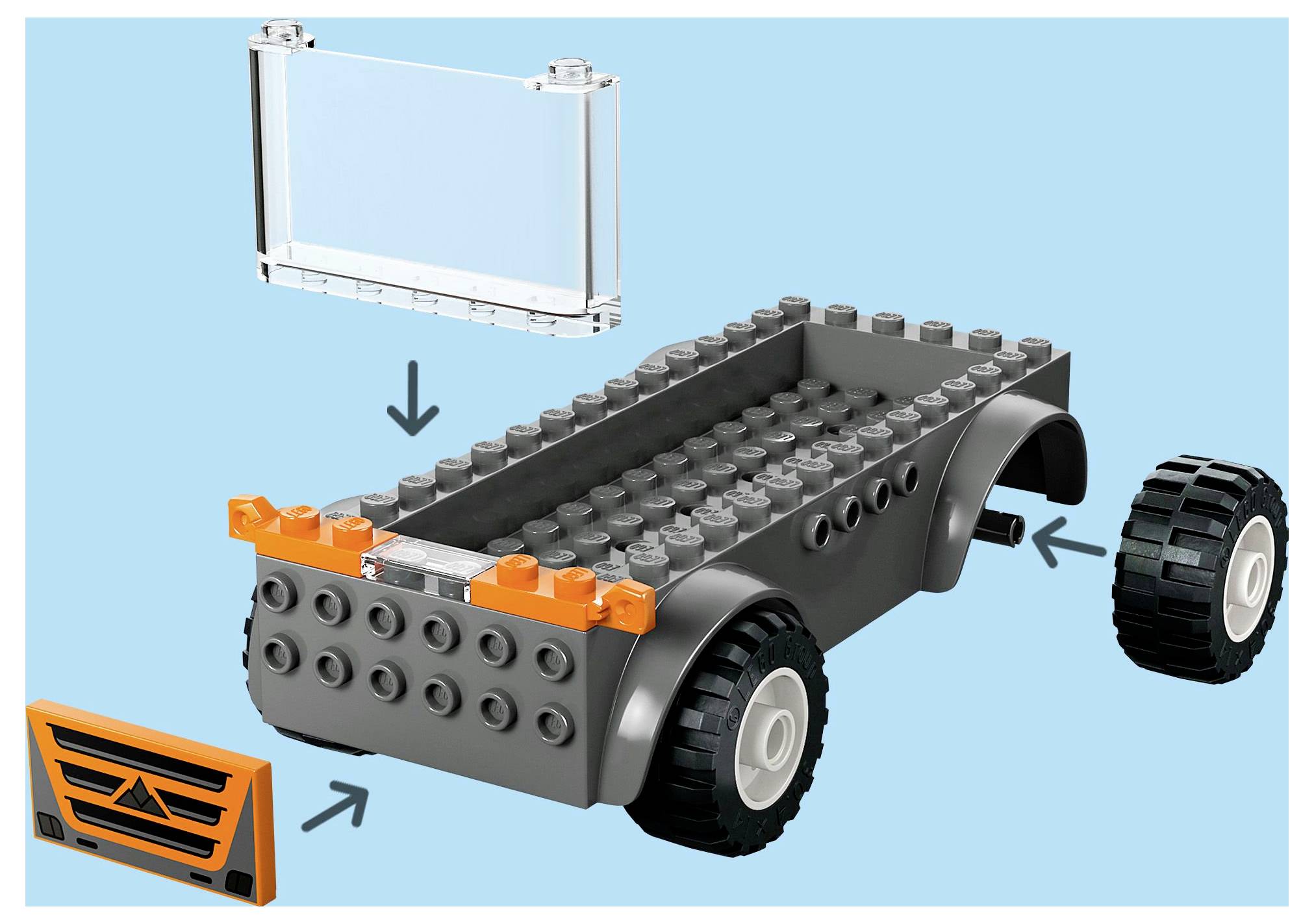 Postup montáže vozidla Lego s instrukcemi pro sestavení podvozku hračky, včetně poznámek ukazujících místa pro připevnění čelního skla, kol a přední mřížky chladiče.