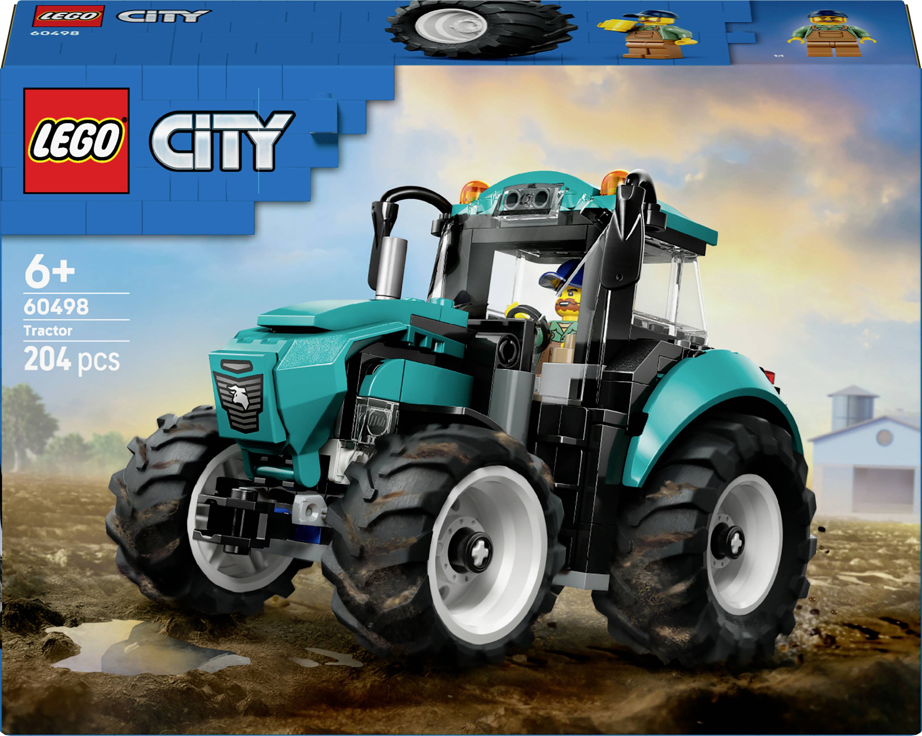 Sada 'LEGO City Traktor' pro děti od 6 let, obsahuje 204 dílků. Zahrnuje tyrkysový traktor s velkými koly, figurku farmáře a pozadí venkovské scény.