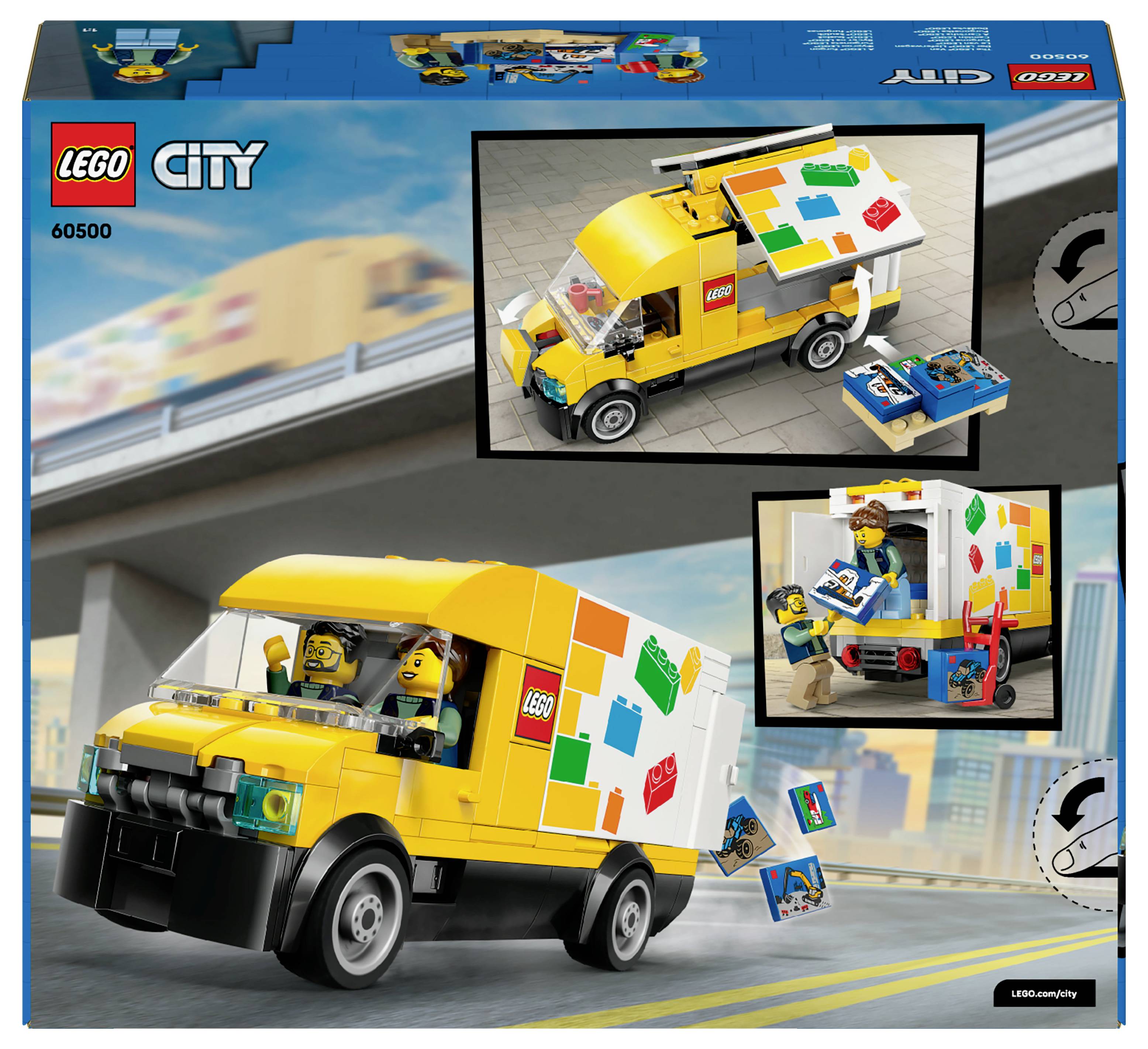Sada Lego City žlutého dodávkového vozu se dvěma figurkami nakládajícími balíky, prezentovaná barevnou grafikou krabice s pouliční scénou v pozadí.