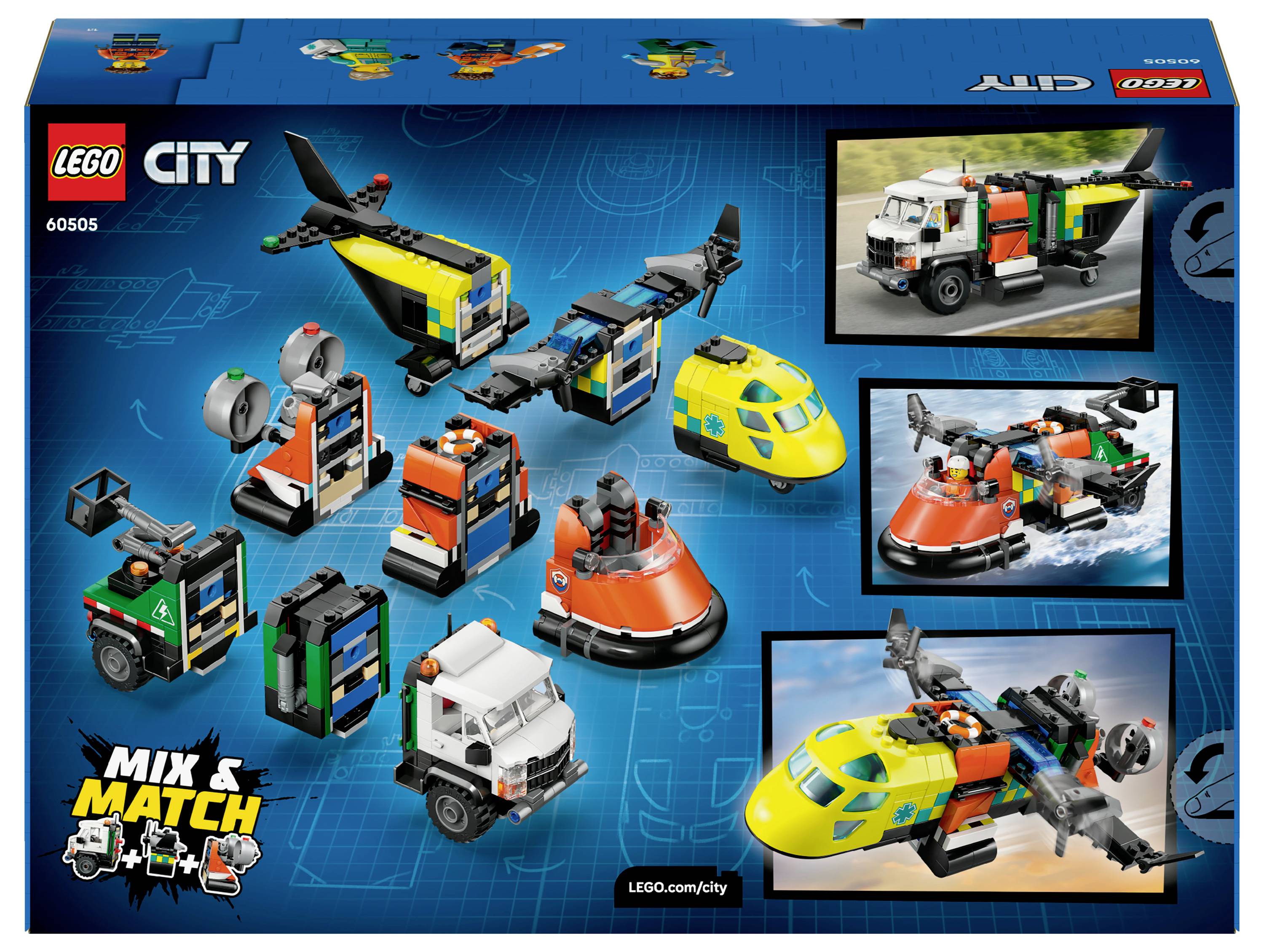 Box zobrazující různé stavby vozidel LEGO City, včetně náklaďáků, vznášedel a letadel, se zvýrazněnou funkcí 'Mix & Match'