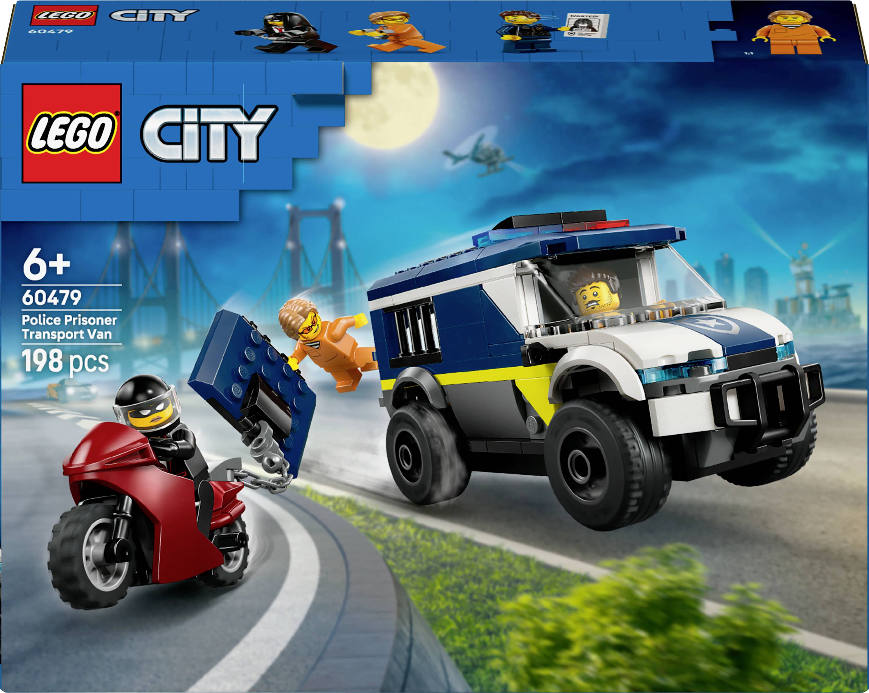 Sada LEGO City 60247 zobrazující policejní dodávku pronásledující motocyklistu. Obsahuje minifigurky, červenou motorku a 198 dílků. Vhodné pro děti od 6 let.