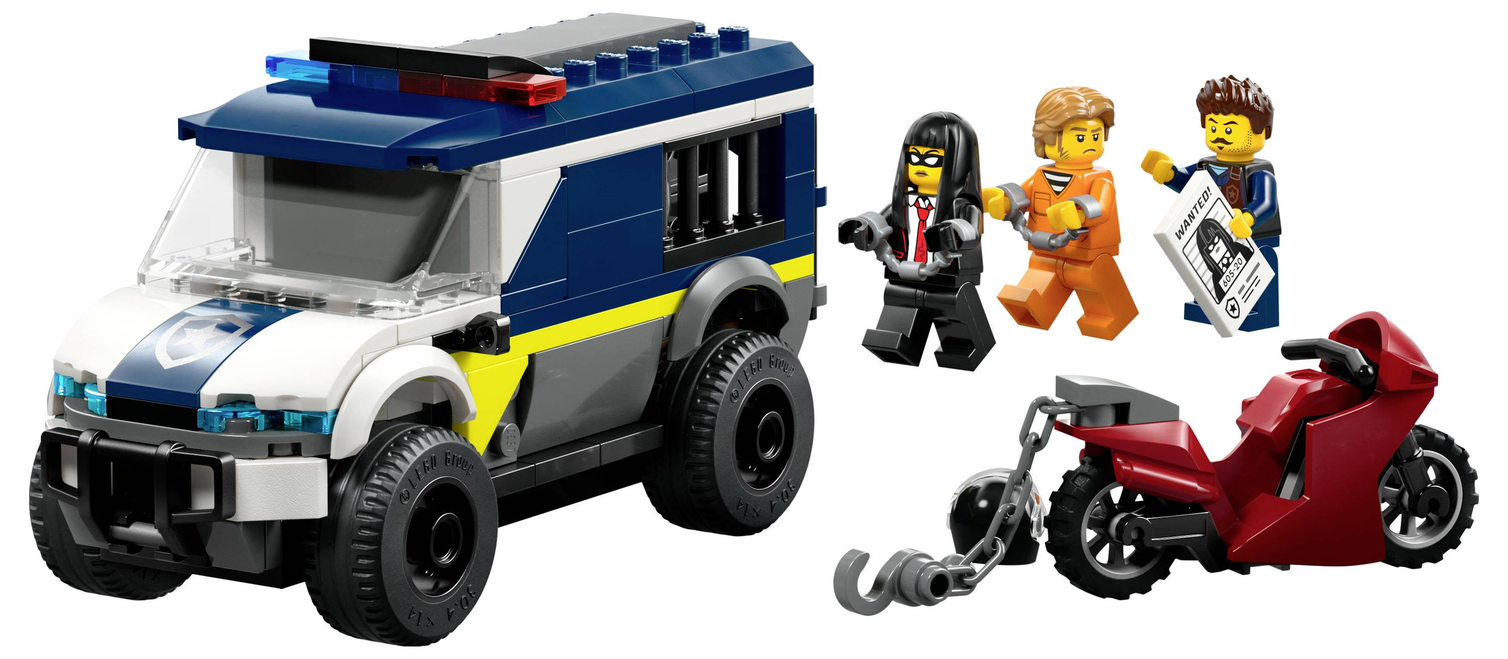 Sada Lego zobrazující policejní dodávku, červenou motorku s řetězem a tři figurky: jedna v obleku, jedna v vězeňském oblečení a jedna držící leták.