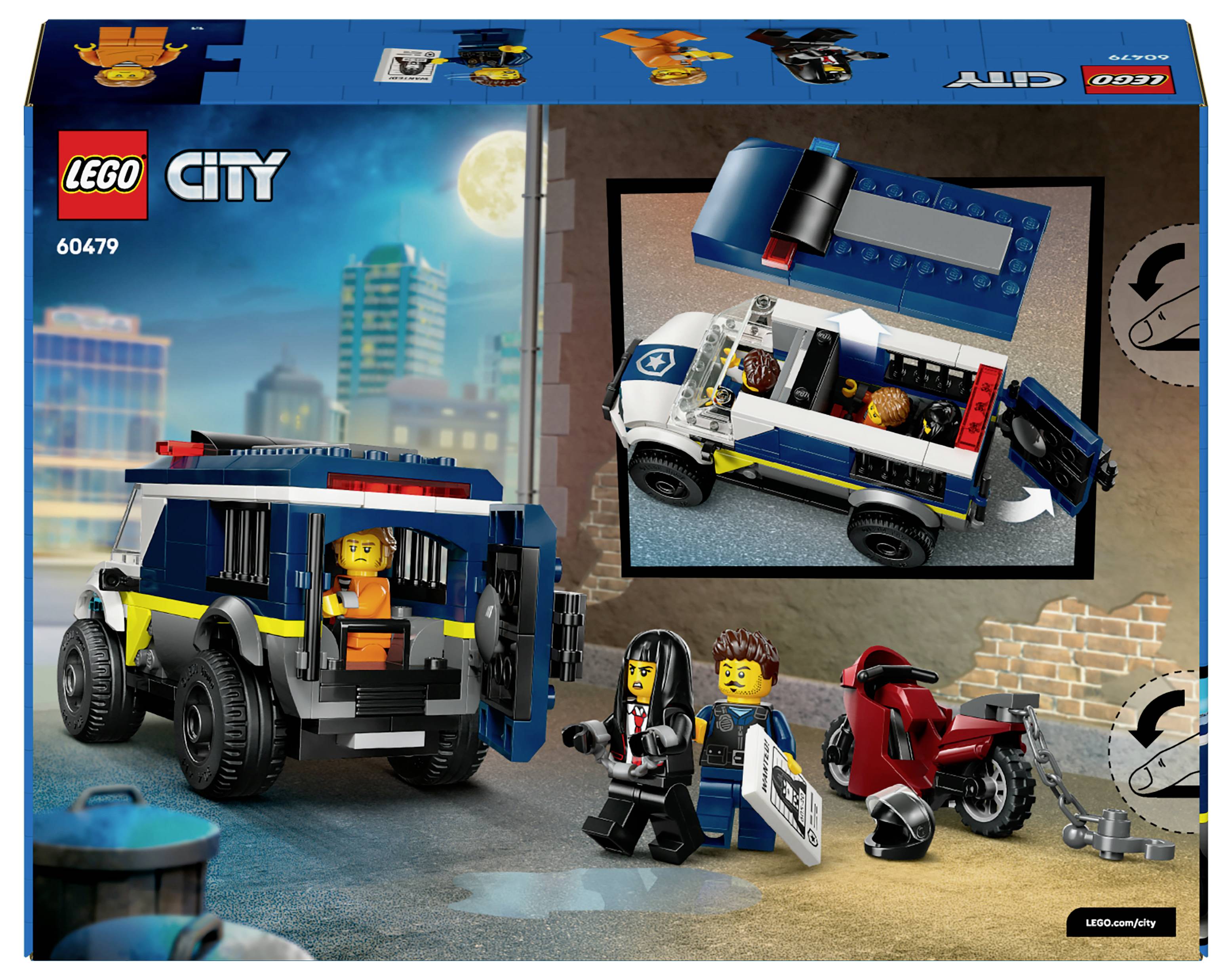 Sada Lego City zobrazující policejní vozidlo s otevřenými zadními dveřmi, policejní figurku pronásledující osobu a červenou motorku v městském prostředí.