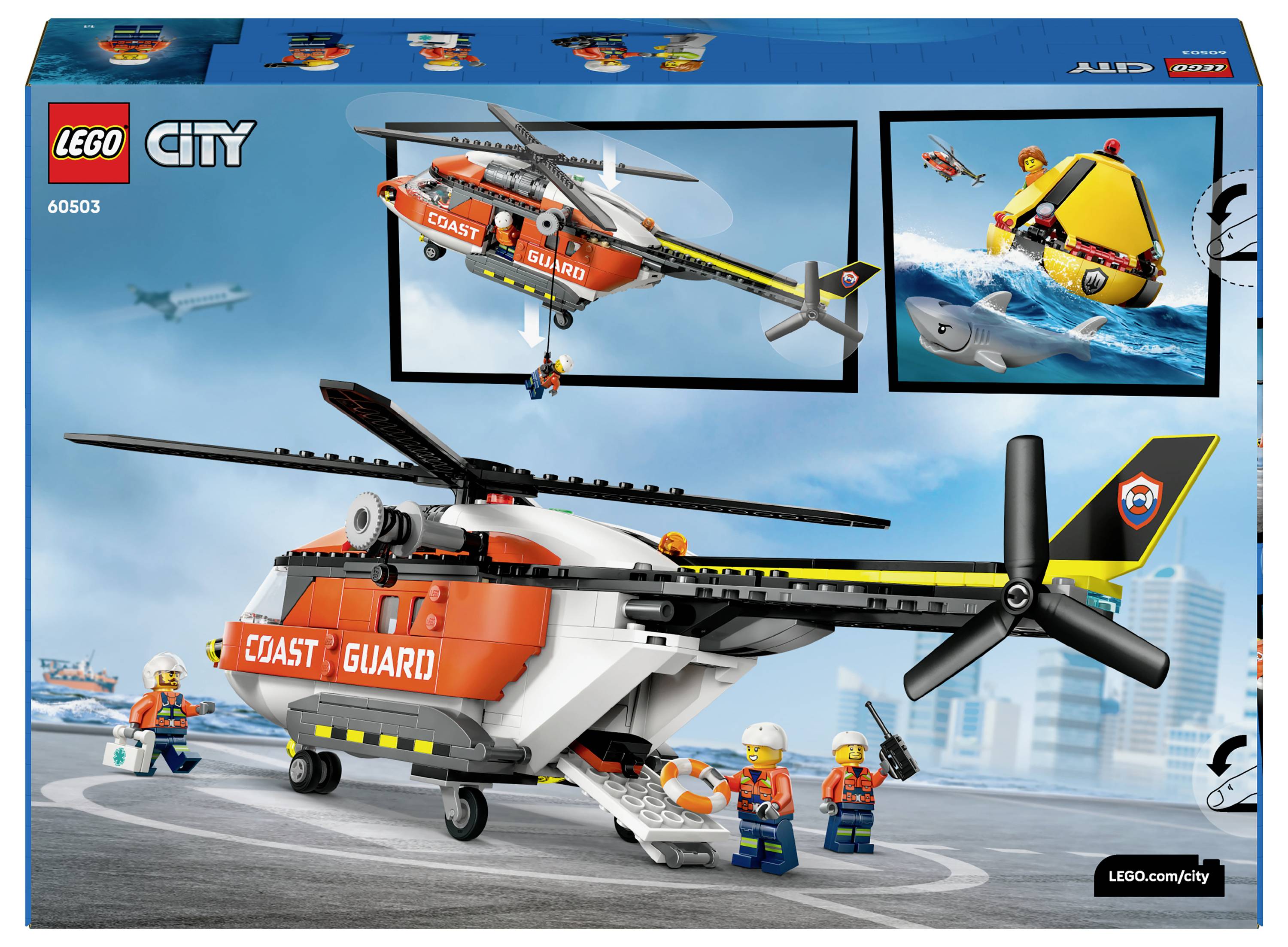 Sada LEGO zobrazující vrtulník pobřežní stráže s personálem pro záchranu, člunem a plovoucím záchranným člunem v oceánském scénáři.