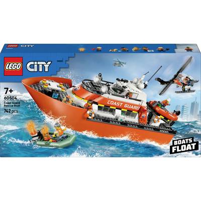 Záchranná loď pobřežní stráže LEGO City. Obsahuje velkou loď s textem "Pobřežní stráž", vrtulník a figurky v záchranné vodní scéně.