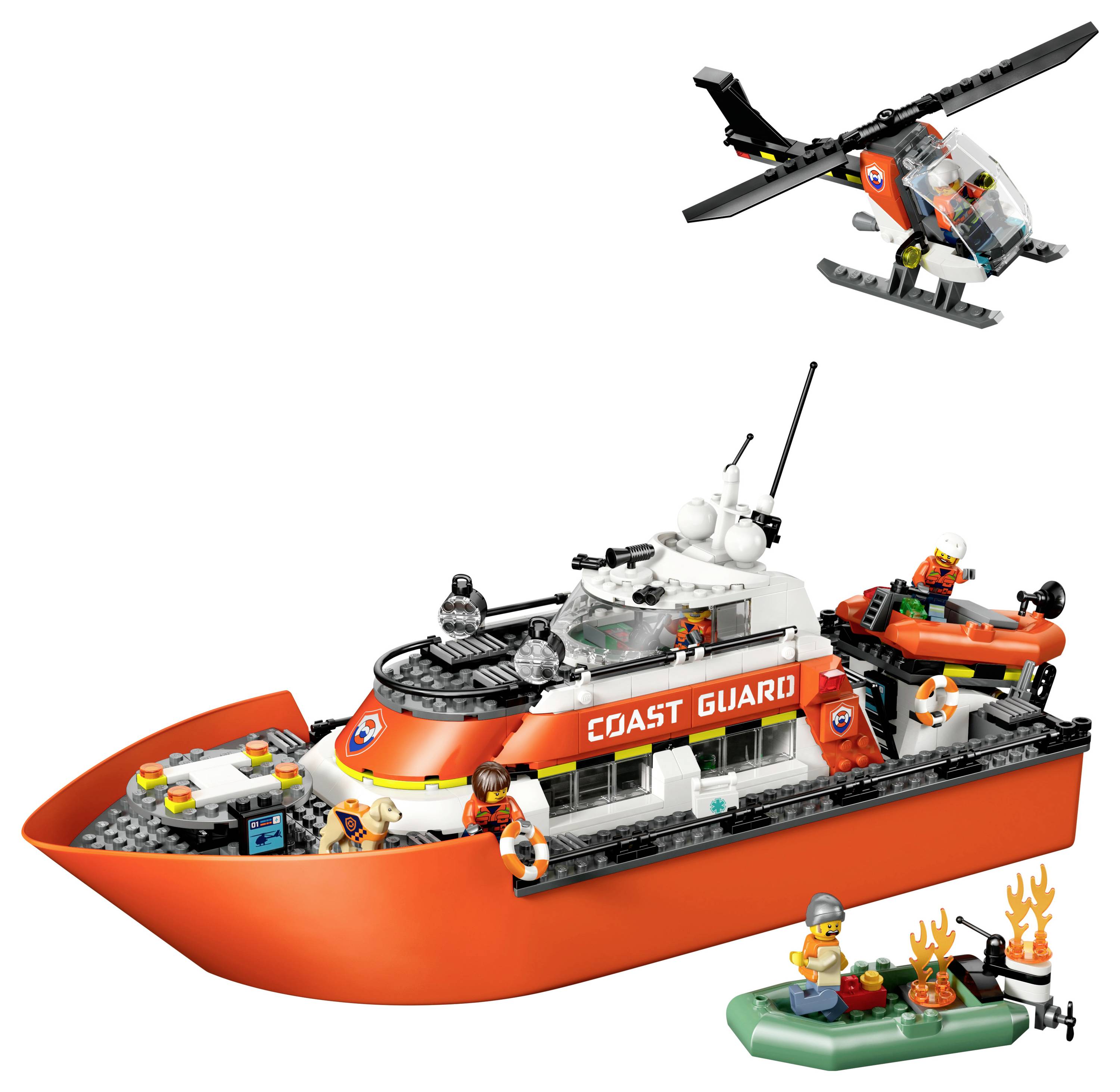 Sada LEGO Pobřežní stráže s velkou lodí, vrtulníkem, nafukovacím člunem a minifigurkami zapojených do záchranné mise.