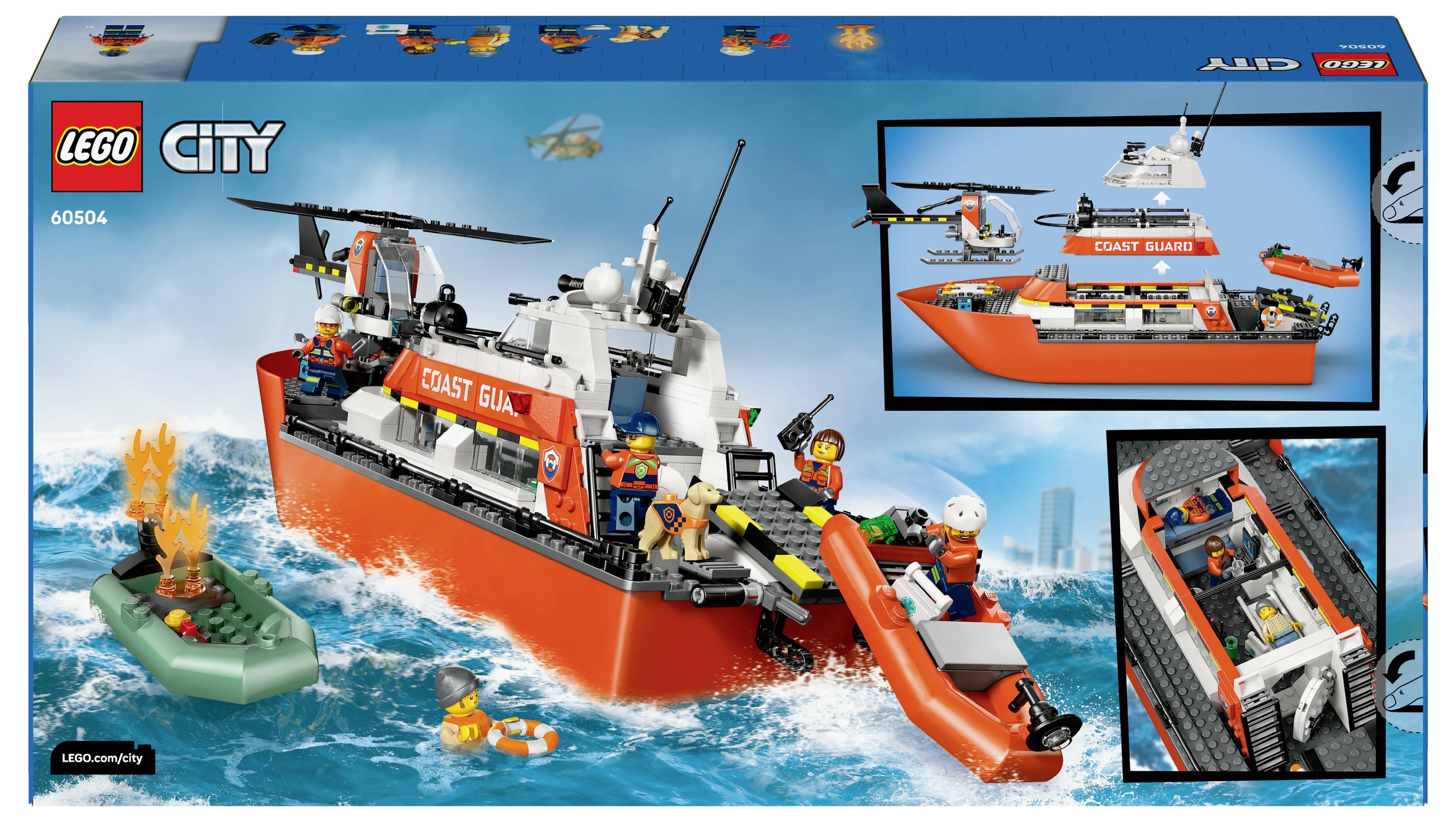 LEGO sada v krabici zobrazující záchranný člun pobřežní stráže s vrtulníkem, raftem a miniaturními figurkami. Scéna znázorňuje mořskou záchrannou operaci.