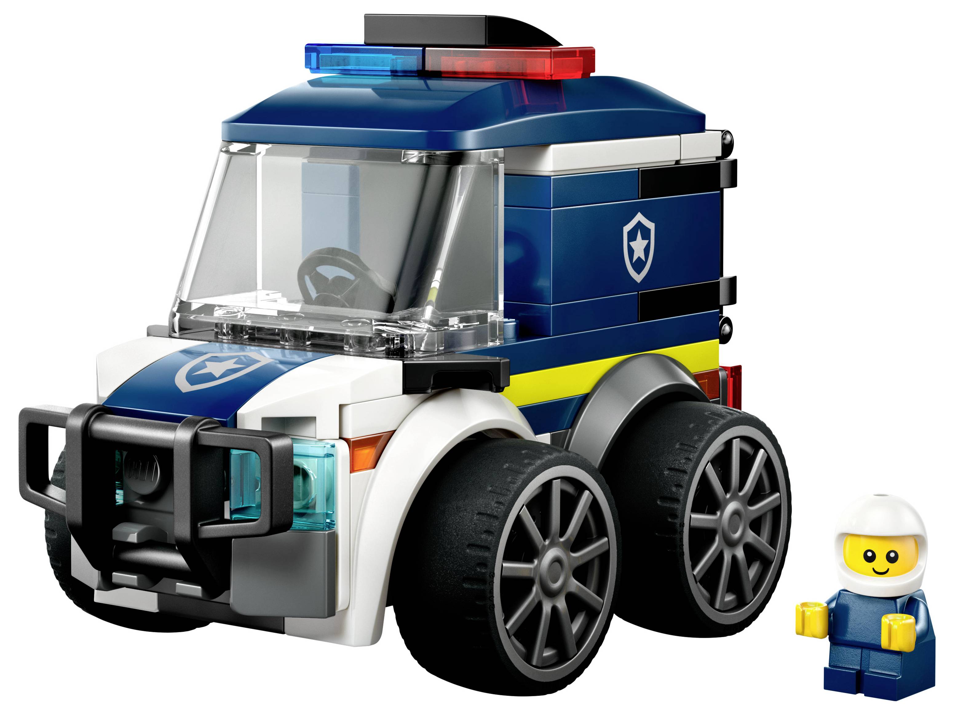 Hračka policejního vozidla vyrobená z propojovacích stavebnicových dílků, s miniaturní figurkou v bílé helmě stojící vedle vozidla.
