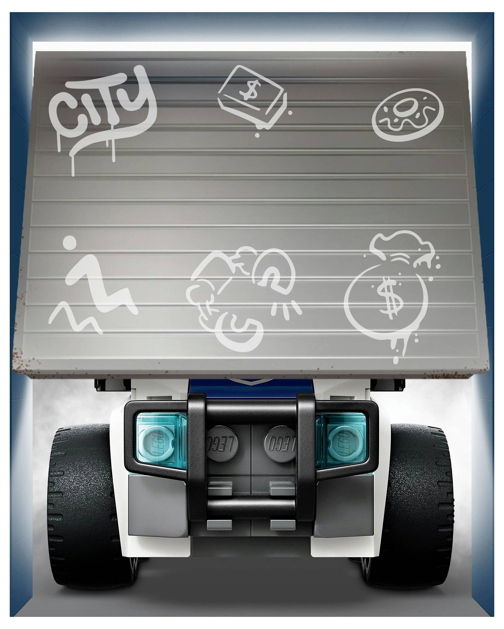 Hračkářské nákladní auto s designovým nákladním prostorem pokrytým grafitti, na kterém jsou zobrazeny obrazy městské krajiny, peněz, koblihy, běžící osoby a kraba.