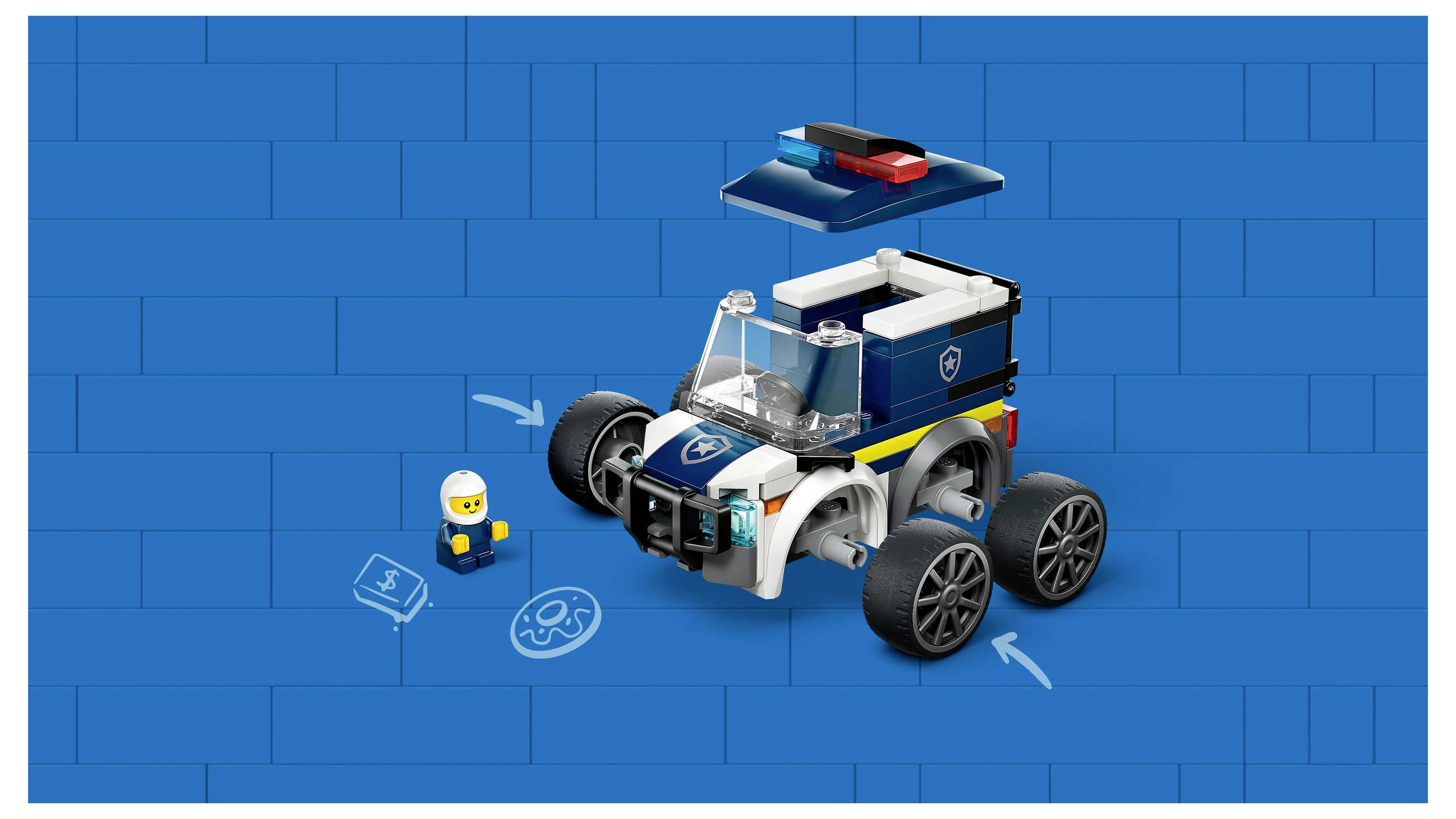 Malé hračkářské vozidlo s velkými koly a otevřenou střechou stojí na modrém pozadí. Postava s helmou stojí poblíž, obklopená ikonami a šipkami.