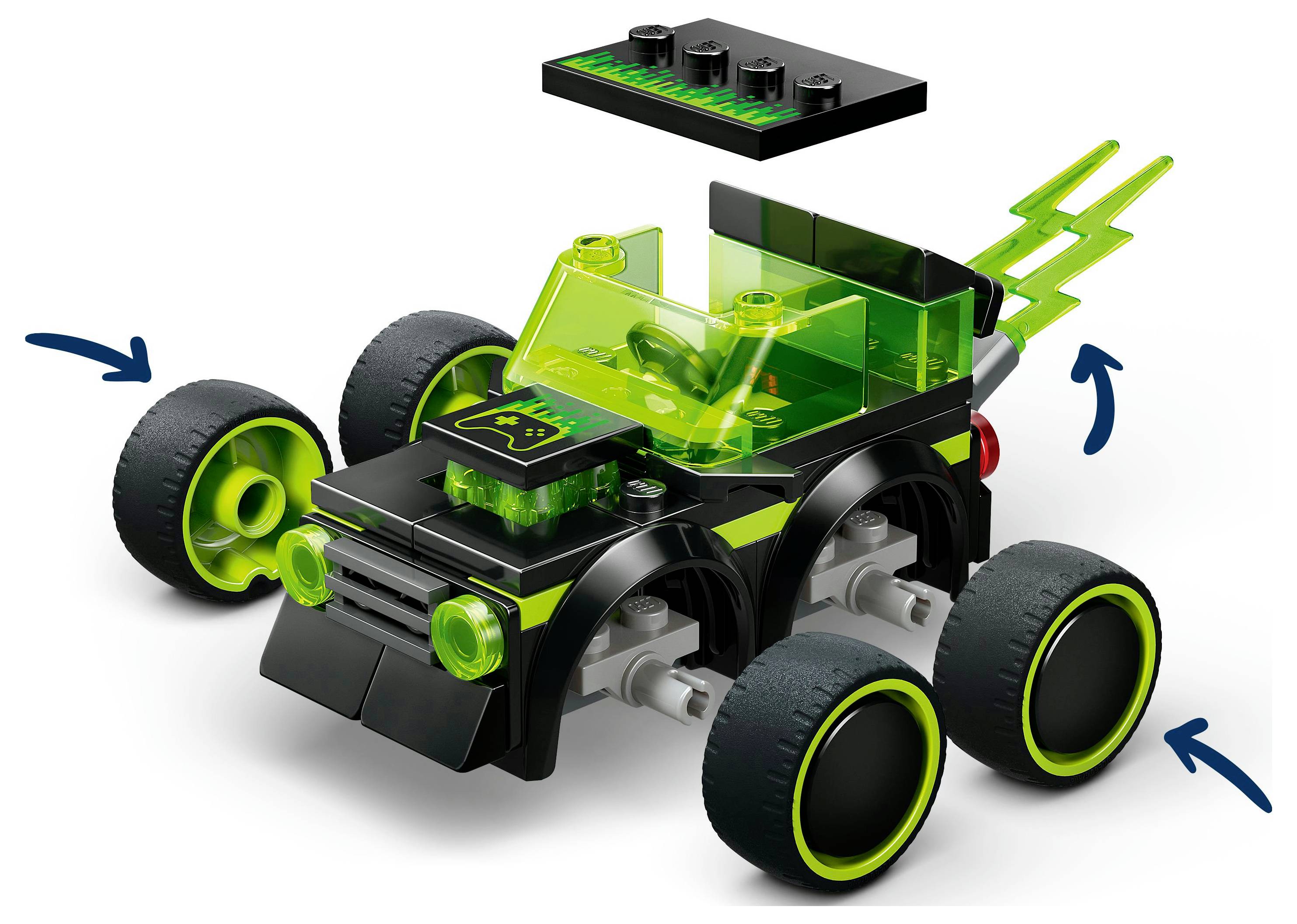 Malé hračkové autíčko černé a zelené barvy s šesti koly a průhlednými zelenými detaily. Modré šipky ukazují místa pro připevnění dílů.
