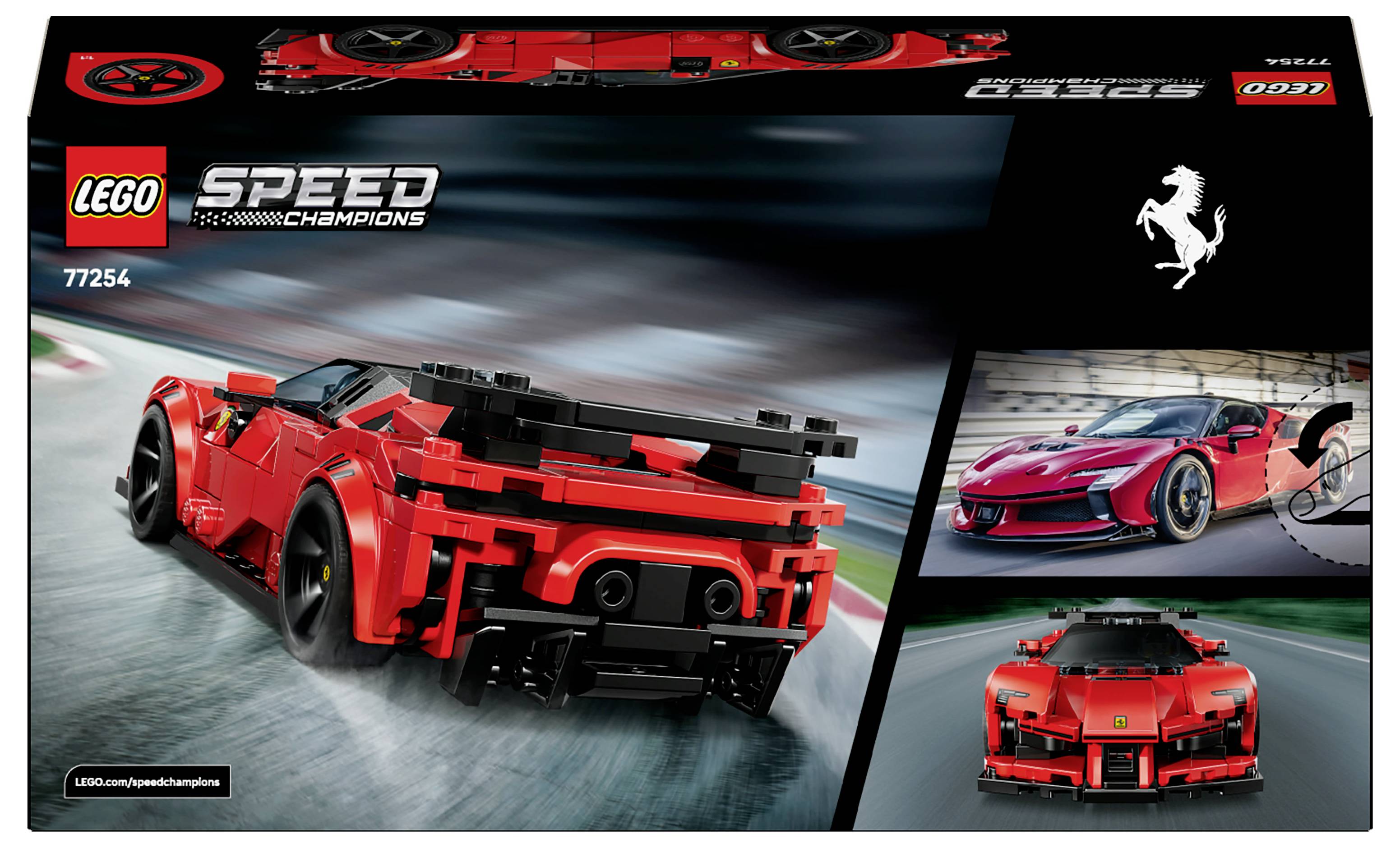 Stavebnice LEGO zobrazující červený sportovní vůz Ferrari ze série Speed Champions, jak závodí na trati.
