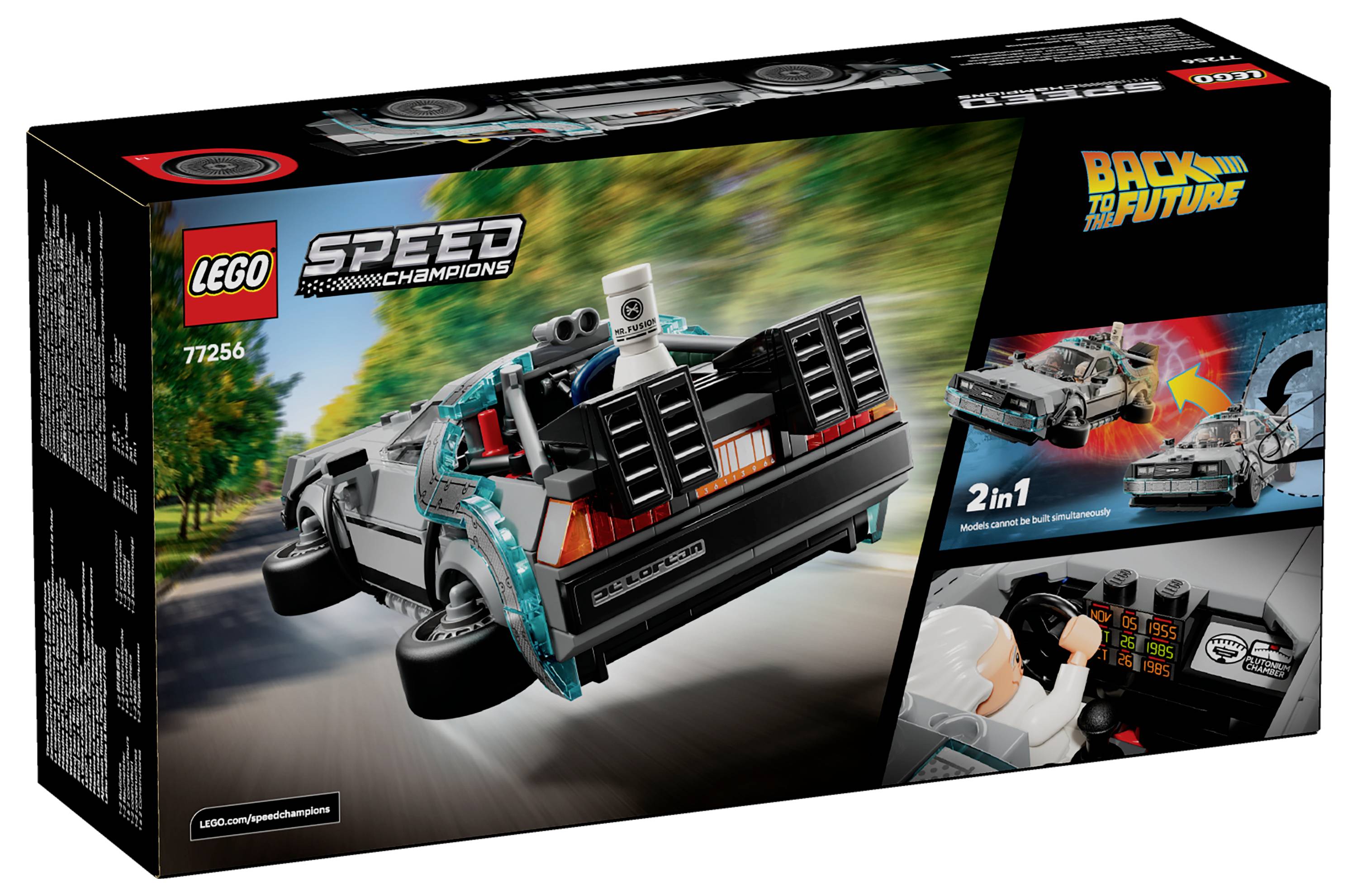 Sada LEGO Speed Champions 'Zpět do budoucnosti' s autem DeLorean. Obsahuje model DeLoreanu s pozadím silnice, zobrazující detaily produktu a logo.