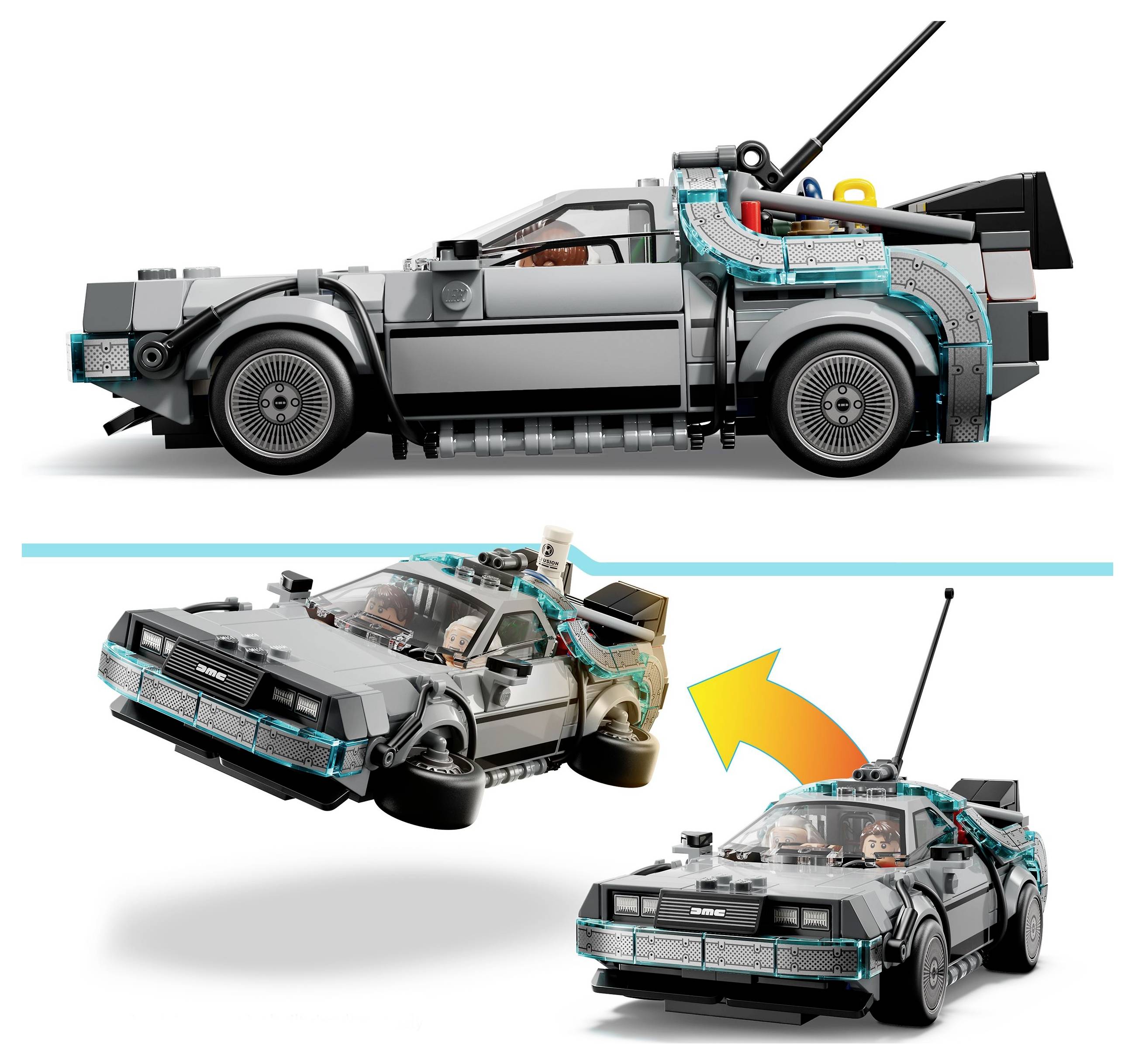 Model auta připomínající DeLorean časový stroj z filmu 'Návrat do budoucnosti', s vyměnitelnými díly pro létací mód a kolečka pro jízdu po zemi.