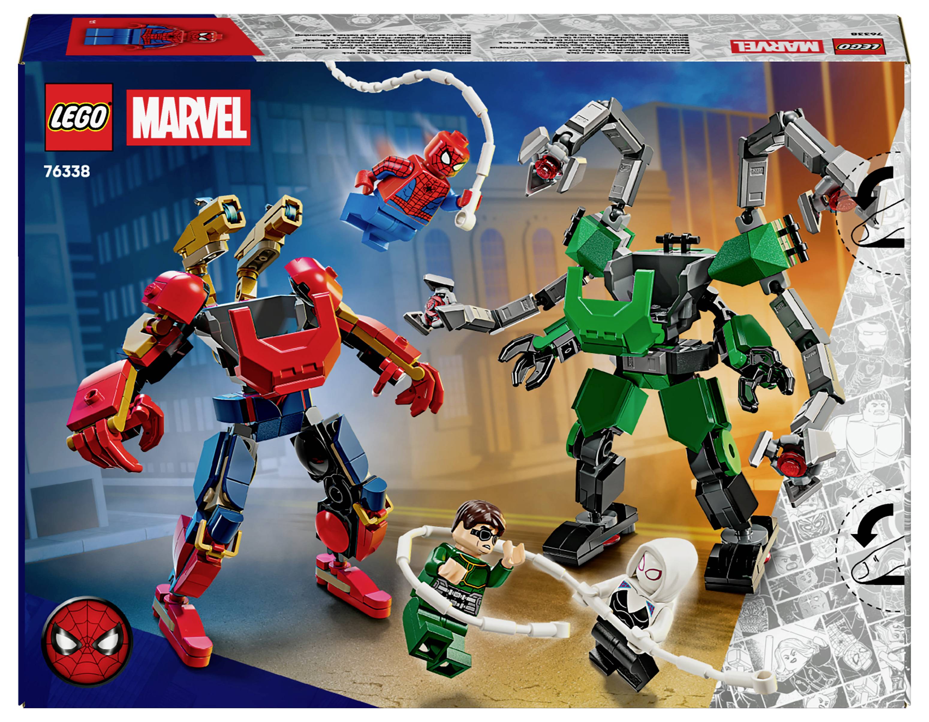 Sada LEGO Marvel s motivem Spider-Mana, Doktora Ocka a dalších postav se dvěma robotickými figurkami v akčních pózách na obalu.