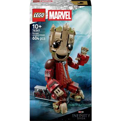 'Lego Marvel Ravcerský kombinézový Groot, sada 76341, 604 dílků pro věk 10 a výše, zobrazující Groota v červené kombinéze se zobrazovací podstavou.'