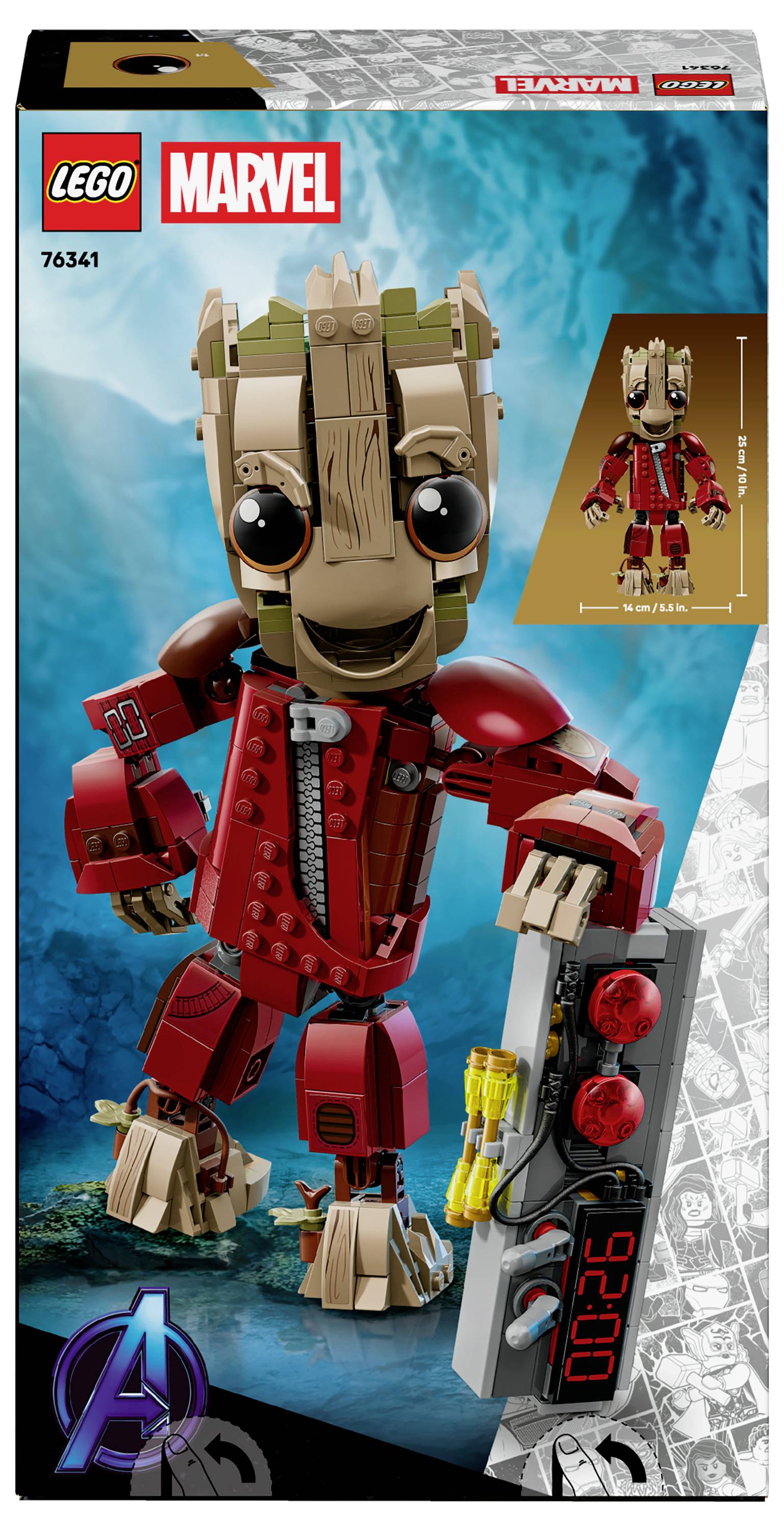 Přebal sady LEGO Marvel zobrazující postavu s velkýma očima a červeným kostýmem, která drží zařízení s tlačítky a displejem.