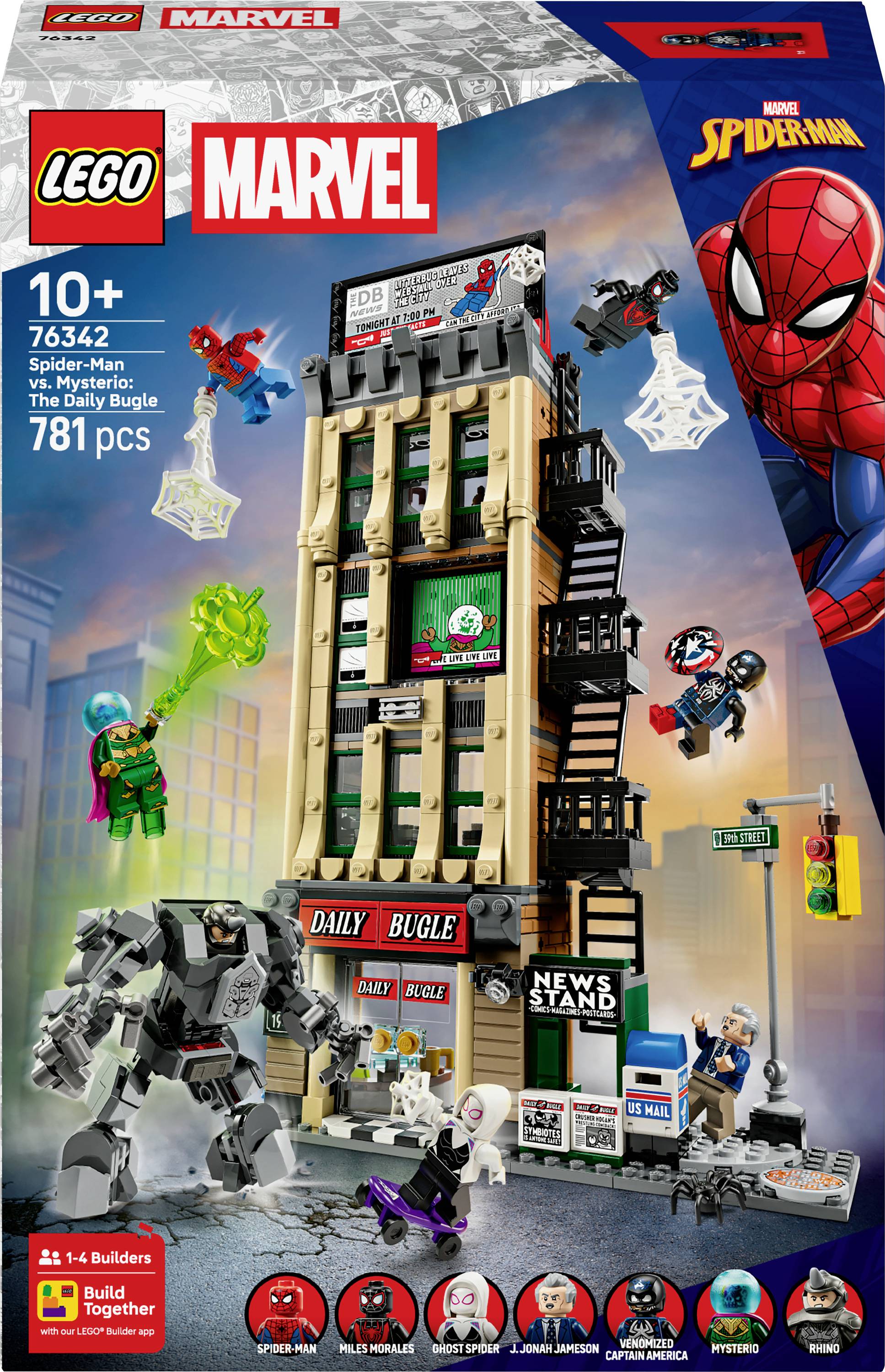 Sada LEGO Marvel s motivem Spider-Mana a jeho nepřátel v bojové scéně kolem detailně zpracované budovy Daily Bugle, určená pro děti od 10 let.