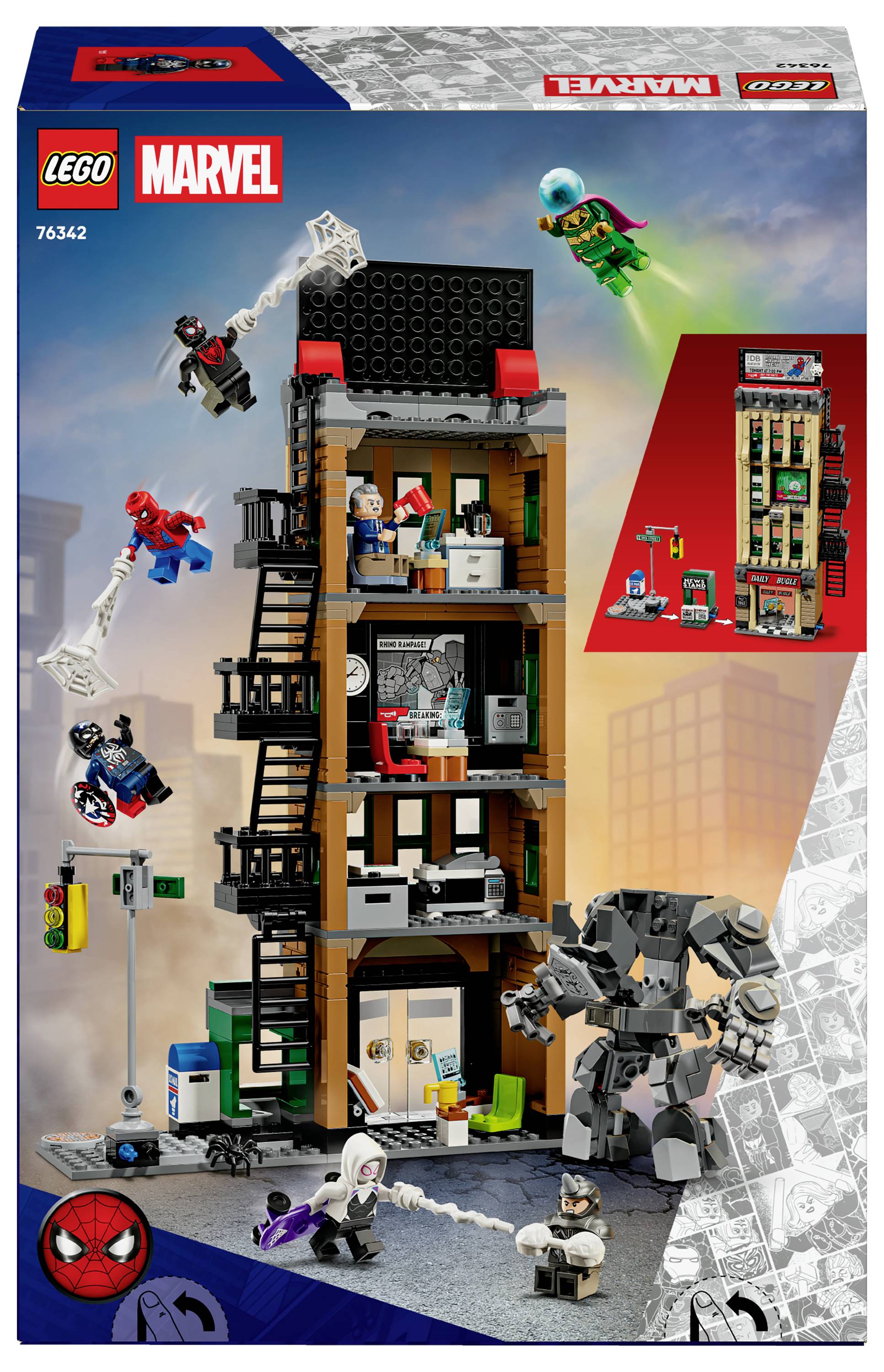 Stavebnice LEGO Marvel zobrazující Spider-Mana, Doktora Octopuse a další postavy v akci kolem víceposchoďové budovy s fasádou.