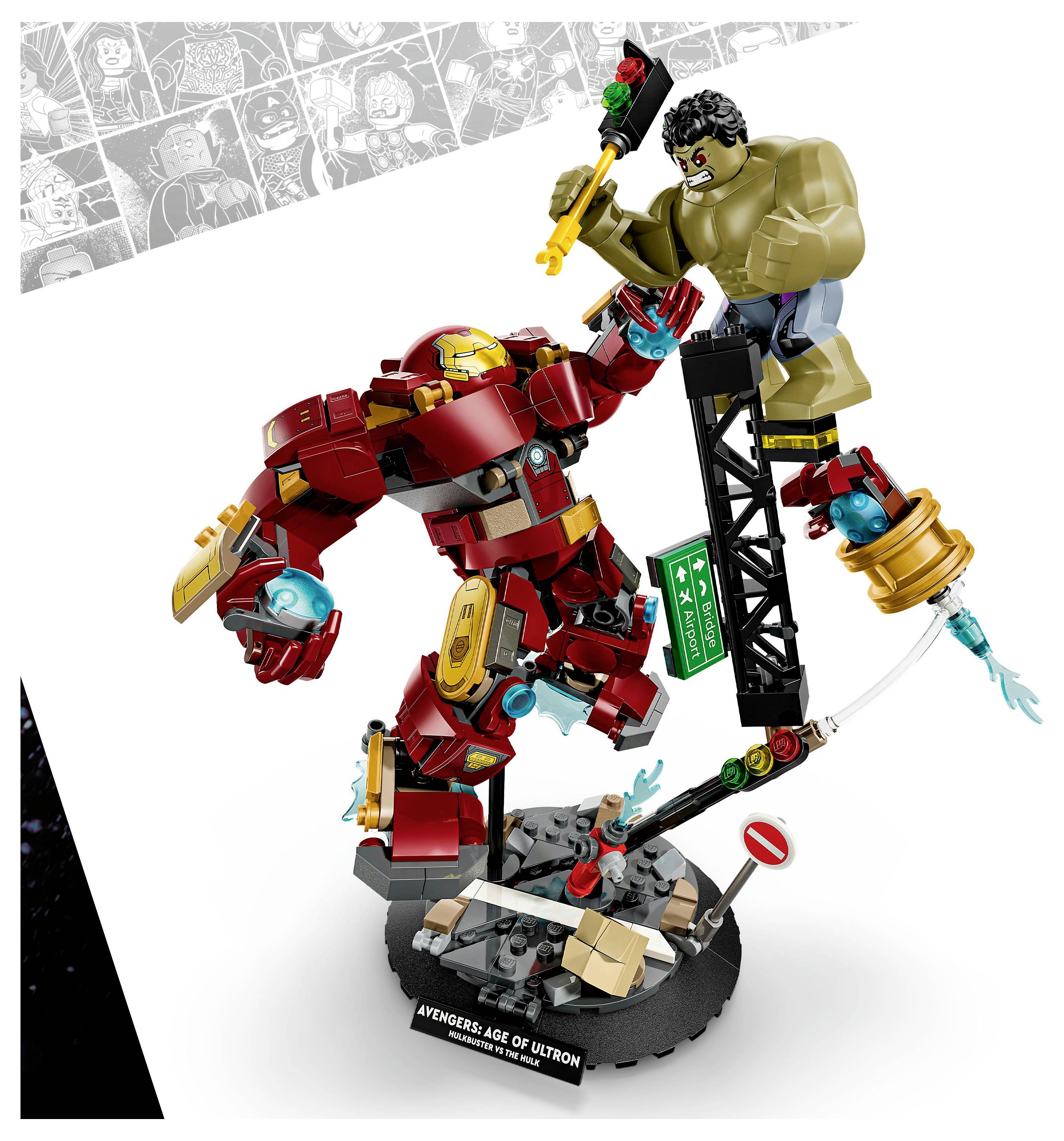 LEGO sada zobrazující bitevní scénu mezi Iron Manem v Hulkbusterově zbroji a Hulkem na městské ulici, vycházející z filmu "Avengers: Věk Ultrona".