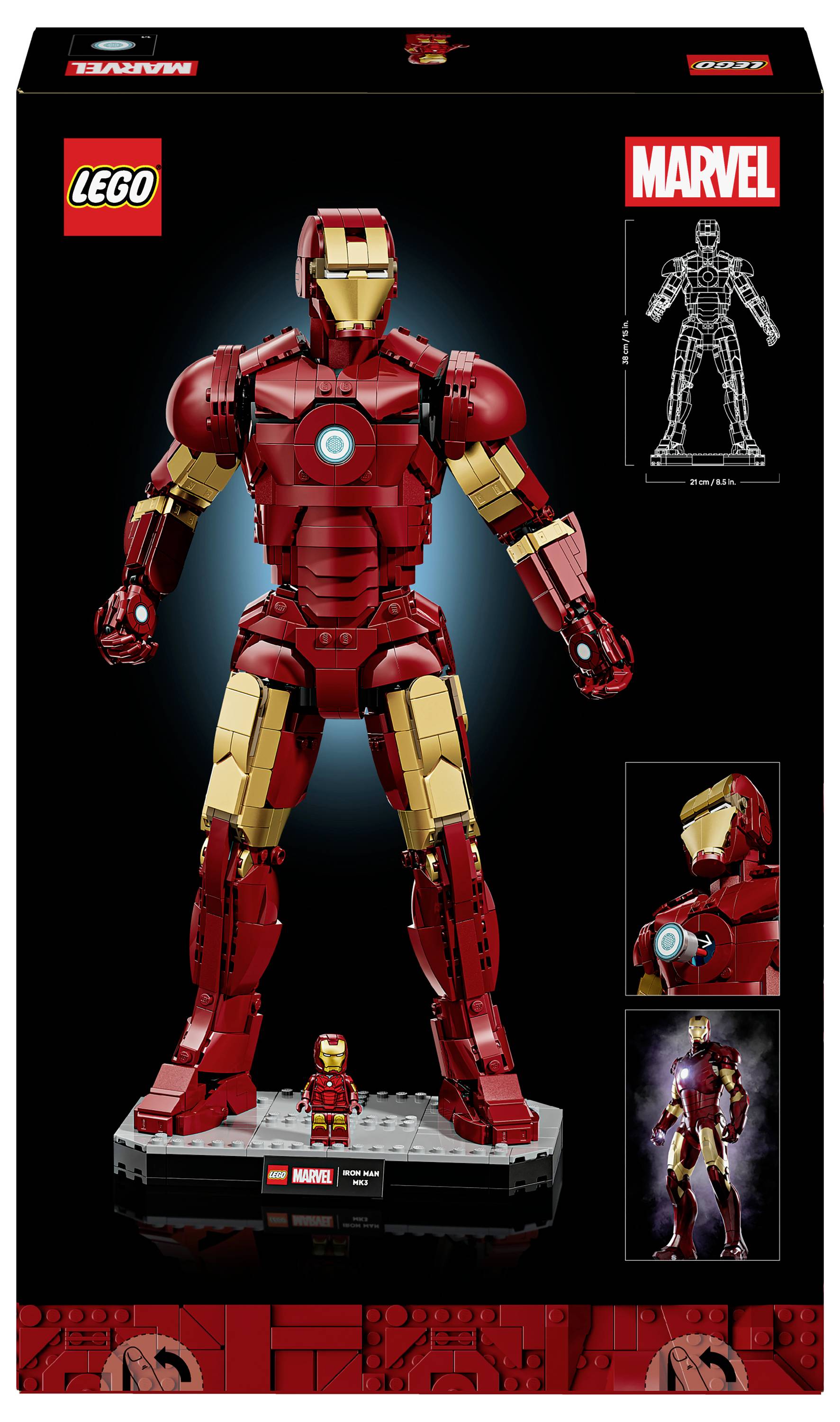 Sada figurek Lego Marvel Iron Mana zobrazující detailní model Iron Mana se svítícím hrudním štítem, miniaturní figurkou Iron Mana a obrázky produktu.