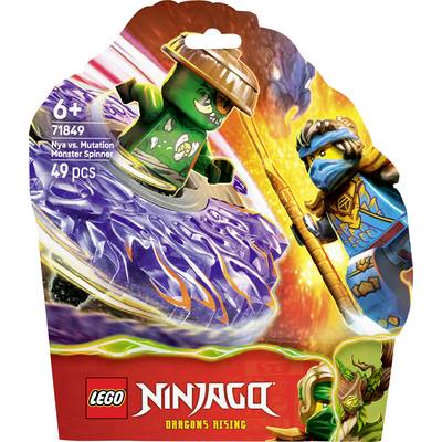 LEGO Ninjago: Nya versus Mutační Příšerný Spinner s hračkou zobrazující dva charaktery v bojové pozici před jasným, ohnivým pozadím.