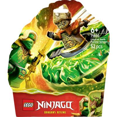 Obal sady 'Lego Ninjago Dragons Rising' zobrazující Lloyda bojujícího s pozemním Monster Spinnerem. Pro děti od 6 let, číslo sady 71850, 52 dílků.