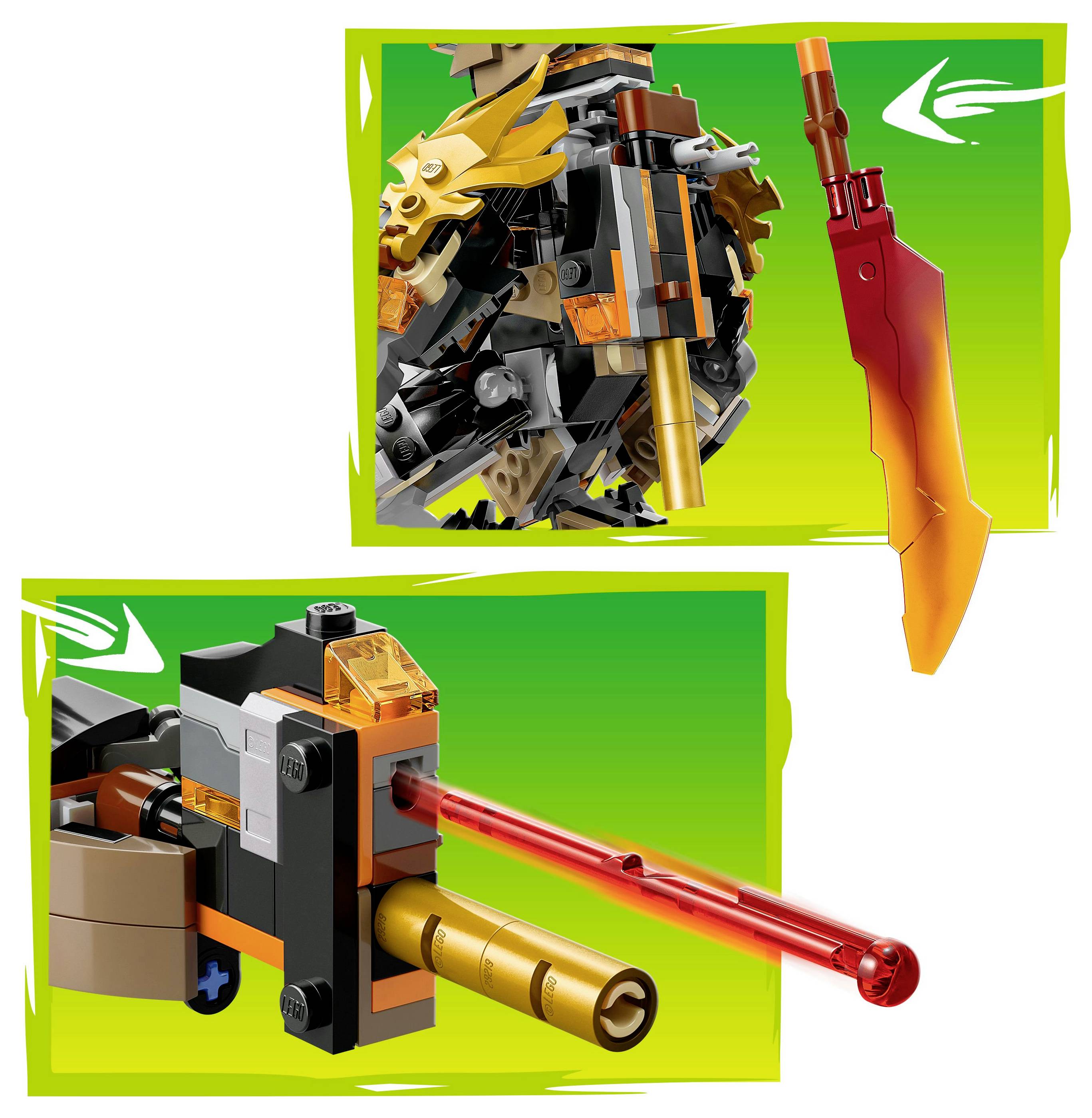 Lego sada s drakem a červeným mečem. Obsahuje detailní dračí hlavu a kanón s červeným projektilen na zeleném pozadí.