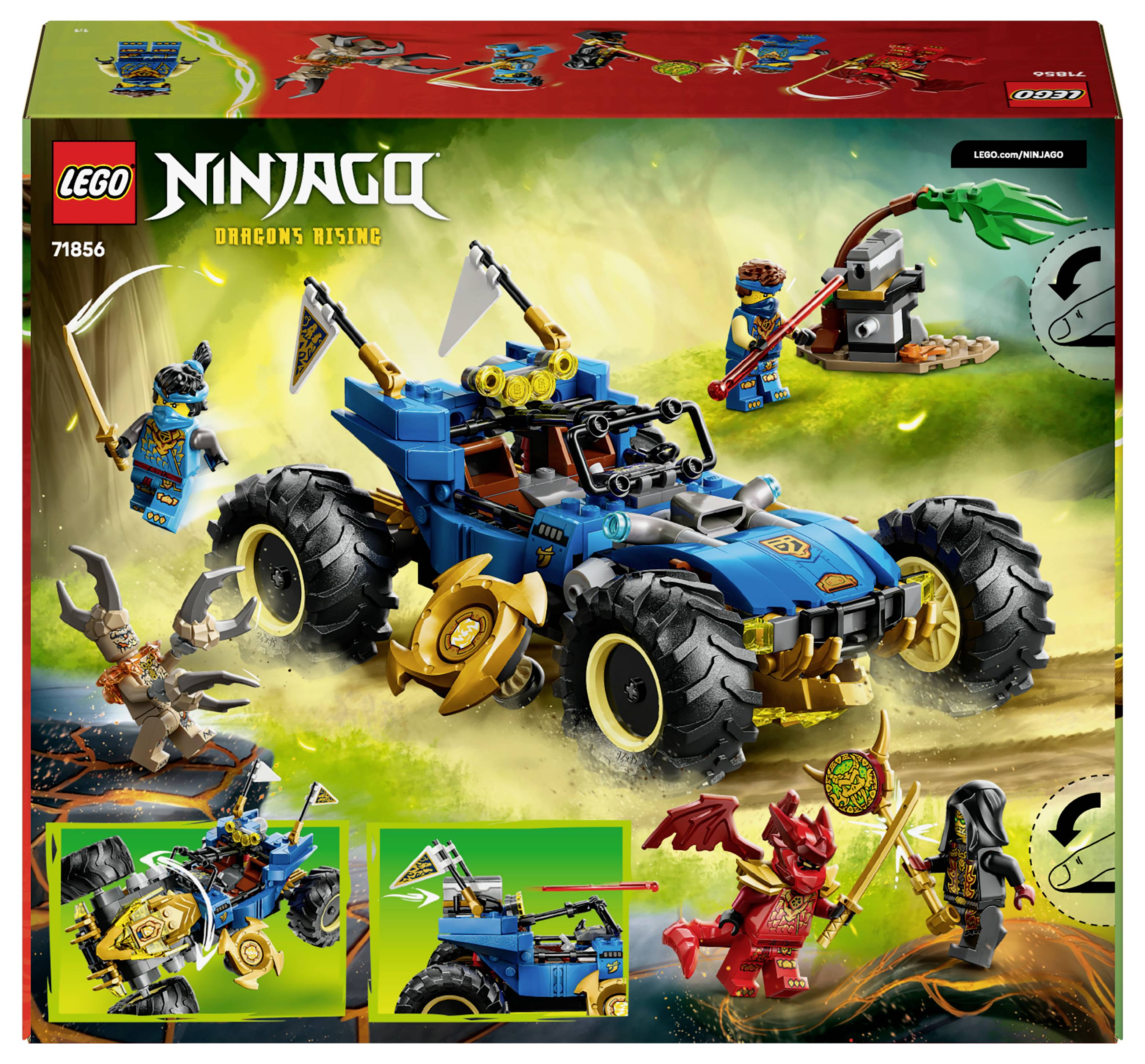 Lego Ninjago sada 'Vzestup draků' s modrým terénním vozidlem s velkými koly a akčními figurkami v dynamickém bojovém výjevu.