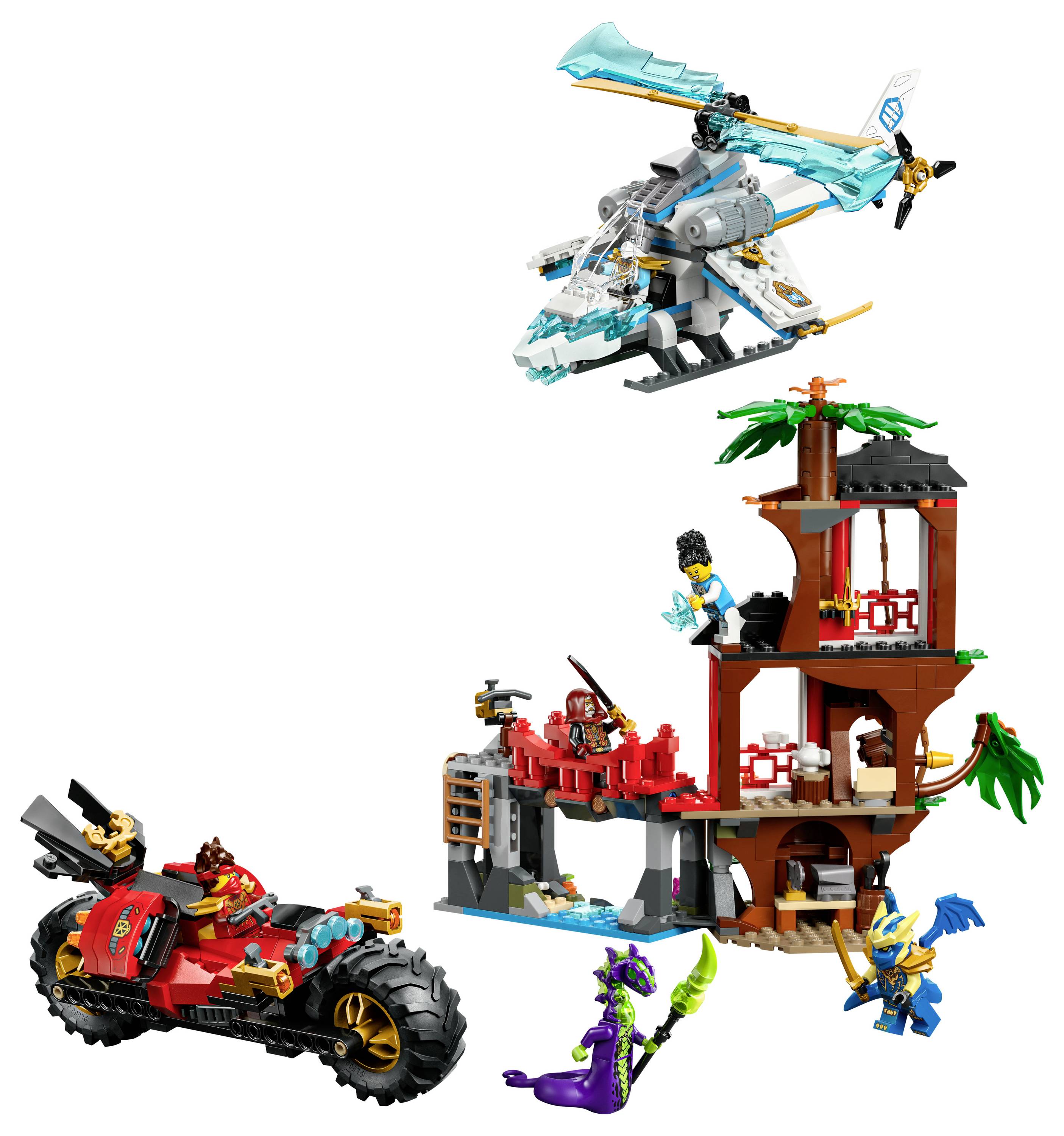 Sada LEGO znázorňující scénu z džungle s motorkou, vrtulníkem a postavami v akčních pózách, včetně draka a stromodomku.