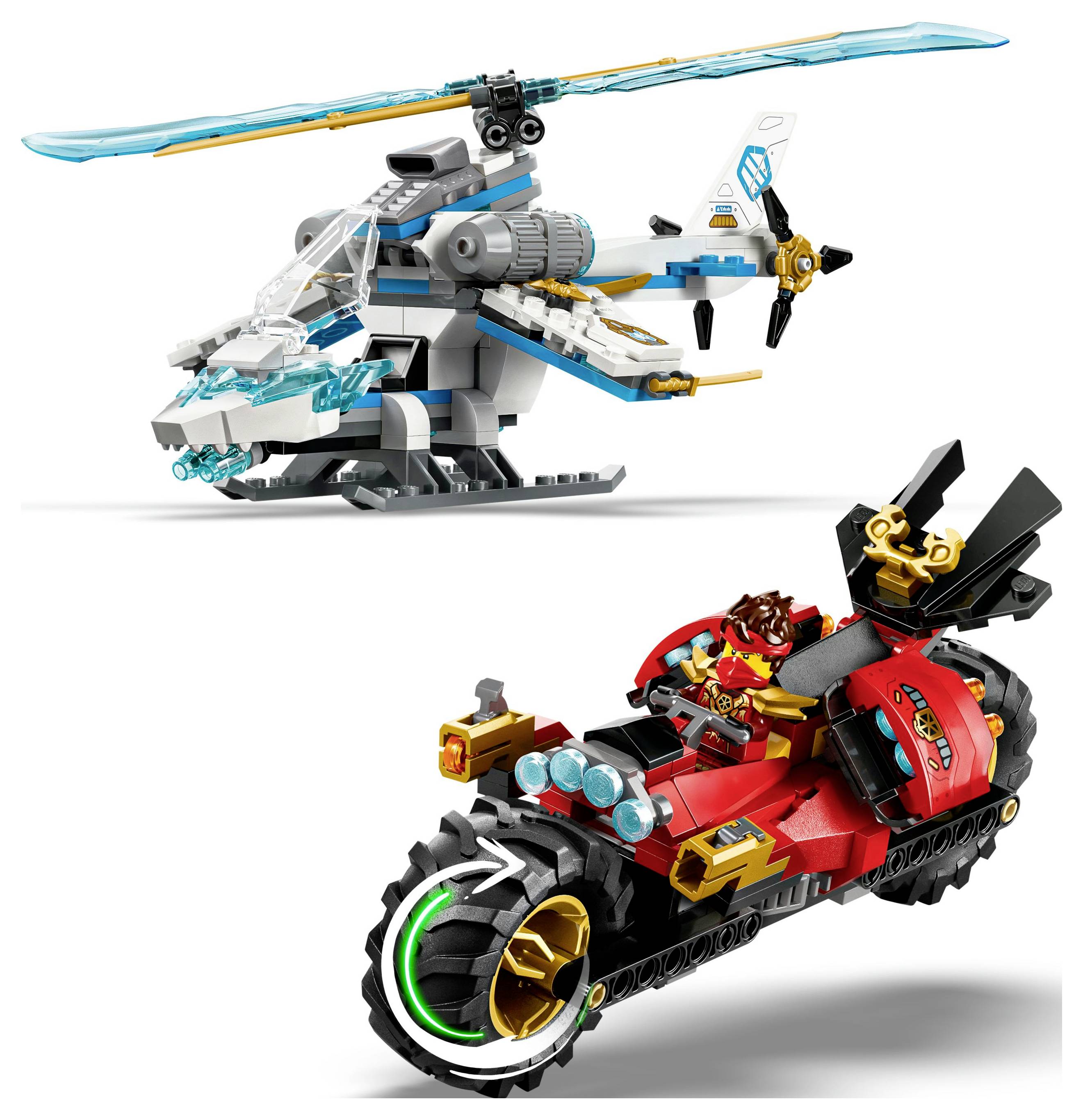 Sada hraček obsahující bílou a modrou helikoptéru a červenou motorku s figurkou jezdce, prezentující kreativní vozidla pro imaginativní hru.
