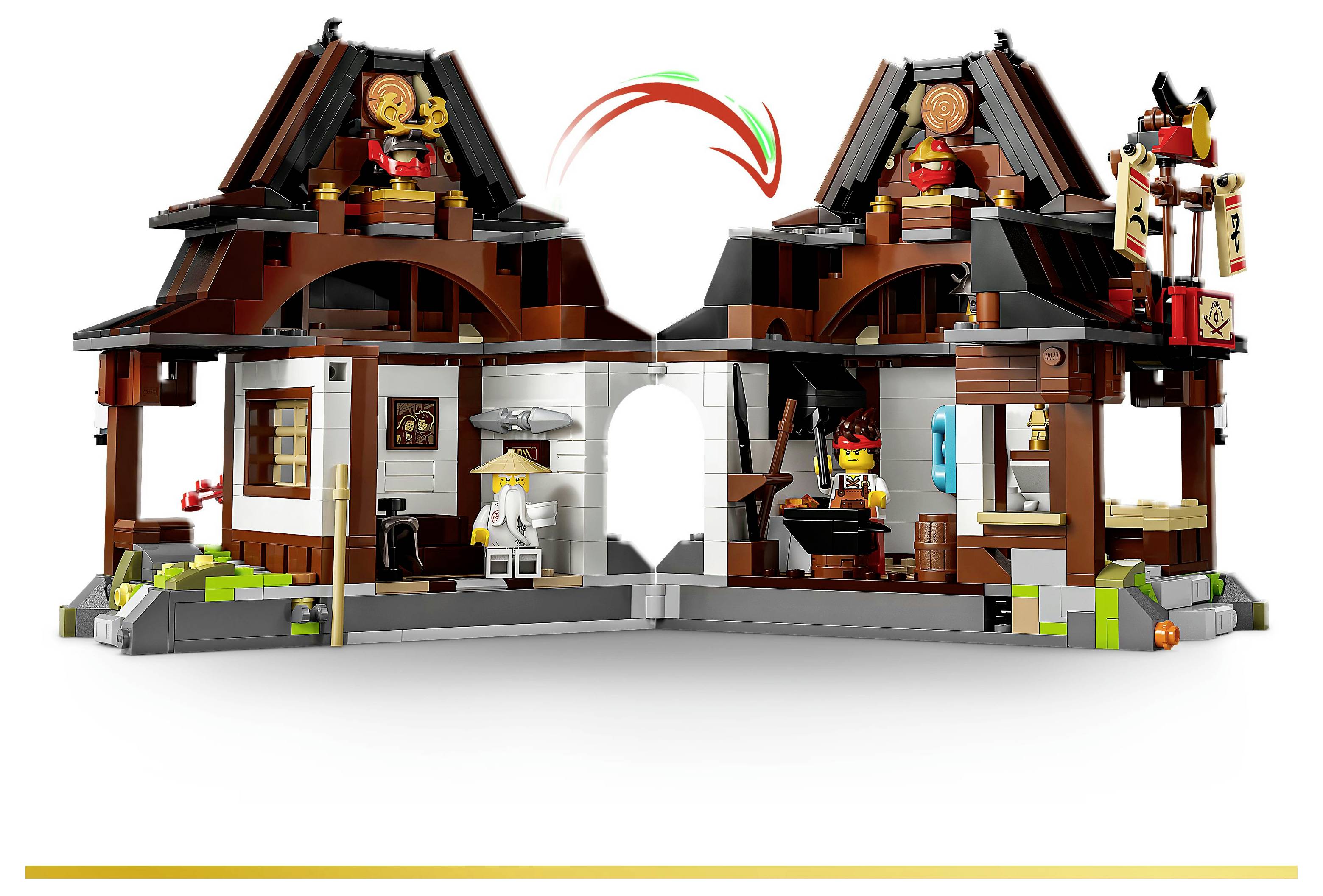Sada LEGO znázorňující dvoupatrový Ninjago chrám s odstraněnou střešní krytinou, která odhaluje vnitřní místnosti. Uvnitř jsou viditelné dva minifigurky.