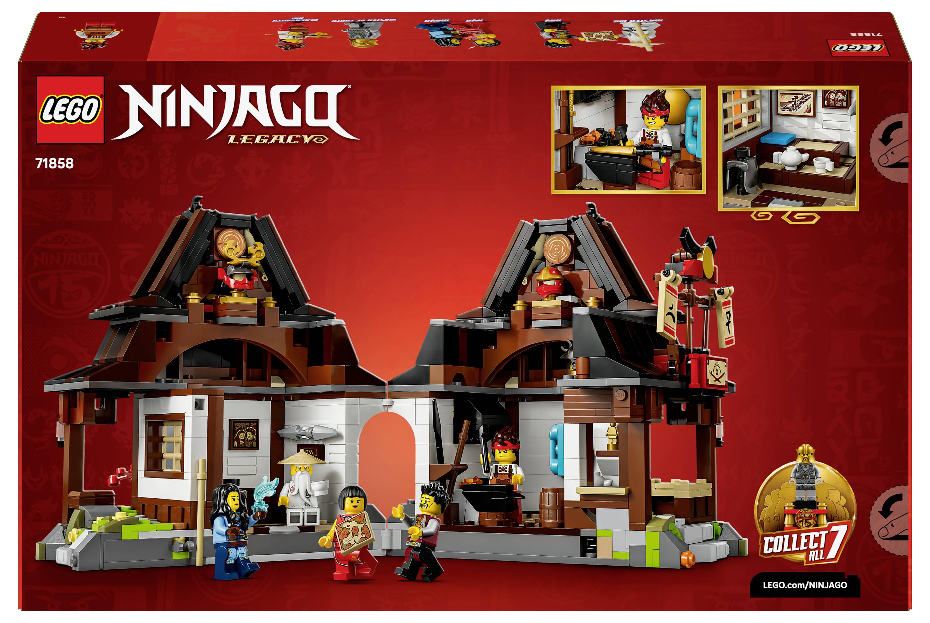 LEGO Ninjago Legacy sada 71855 s krabicí zobrazující dojo, kde se miniaturní figurky věnují tréninku, s cedulkou "Sběr 7" v pravém dolním rohu.