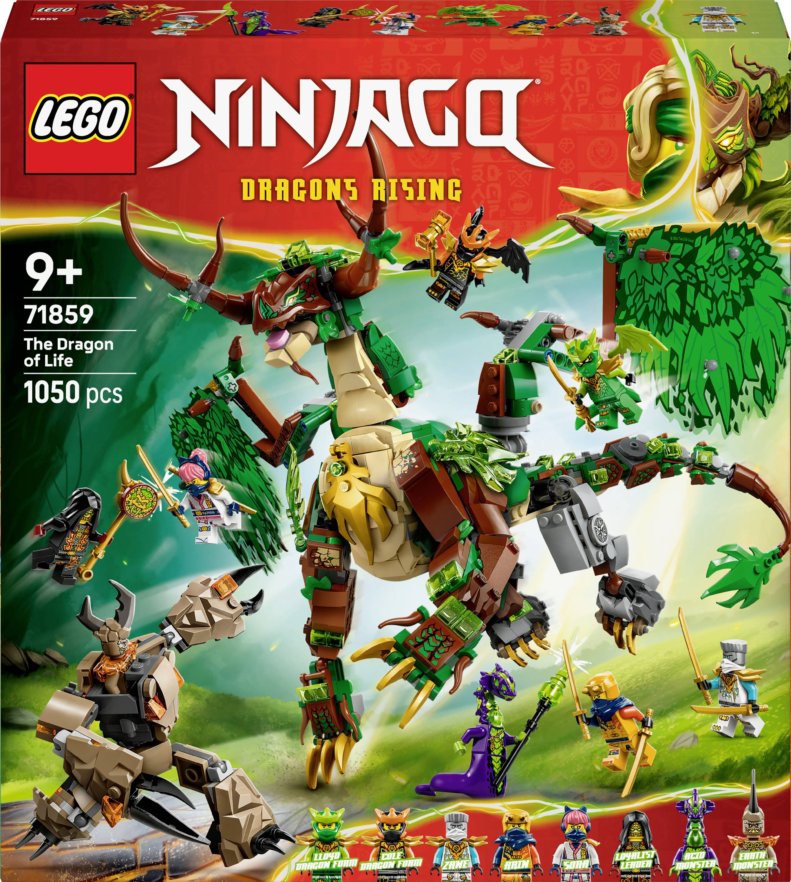LEGO Ninjago 'Vzestup draků' sada pro děti od 9 let, featuring 'Drak života' s 1050 díly. Obsahuje různé postavy miniaturních figurek.