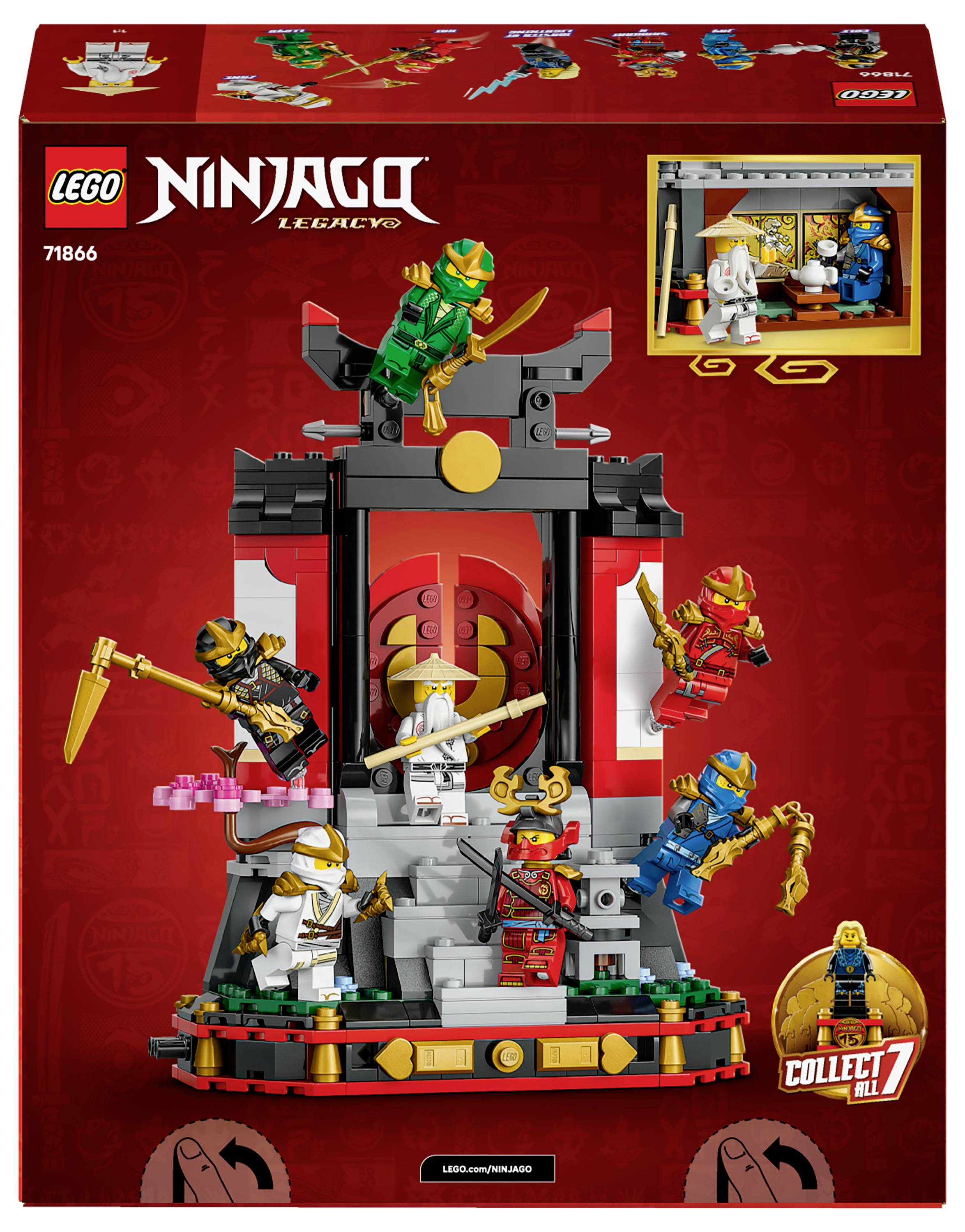 LEGO Ninjago Legacy sada 71866 s krabicí zobrazující bojovou scénu s ninja minifigurkami a chrámem.