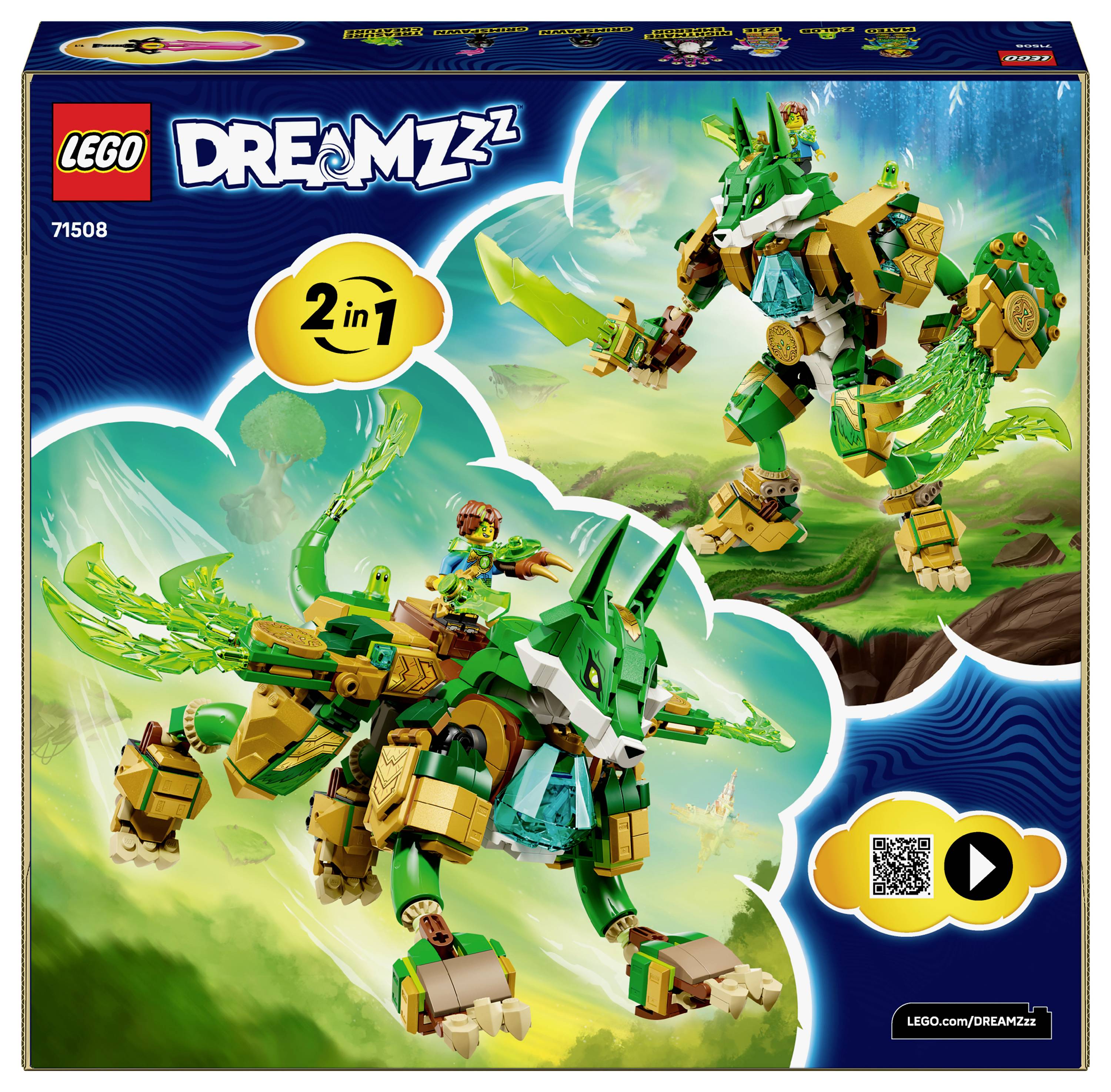 Sada Lego DREAMZzz s výstavbou 2-v-1, která zahrnuje velkou bytost připomínající draka a vozidlo v zelené, modré a zlaté barevné kombinaci.