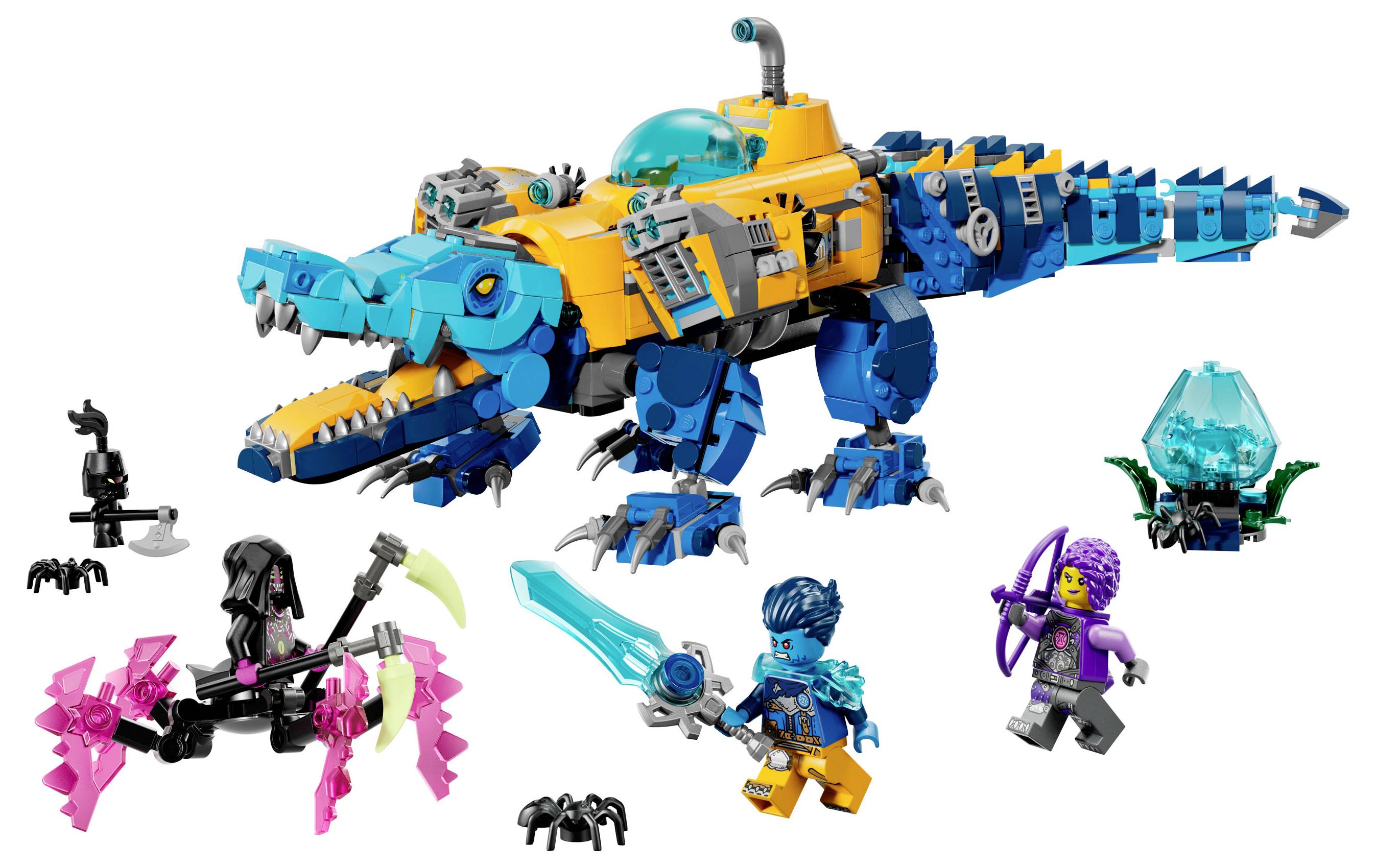 Barevná, sestavená sada LEGO zobrazující mechanického dinosaura v živých modrých a oranžových odstínech, obklopená malými LEGO postavičkami a příslušenstvím.