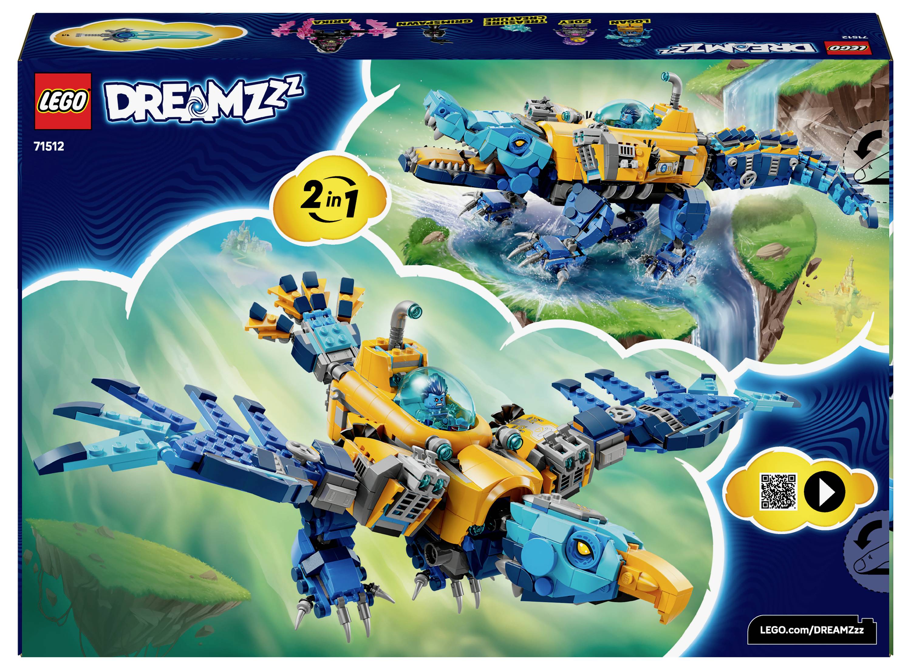 Lego sada s transformačním hračkou, která se mění z modrého draka v ptáka. Obsahuje logo, QR kód a detaily o sadě.