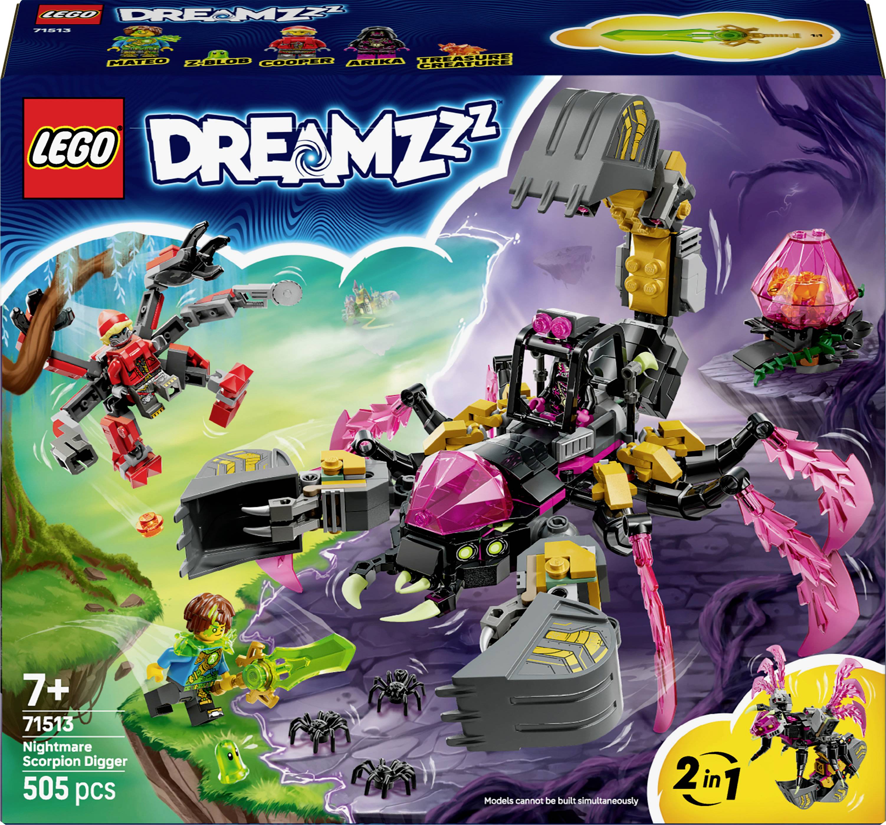 Sada LEGO 'DREAMZzz' 71513 s velkou postavou štíra, mini figurkami a příslušenstvím, vyznačující se živými barvami a možností stavby '2 v 1'.