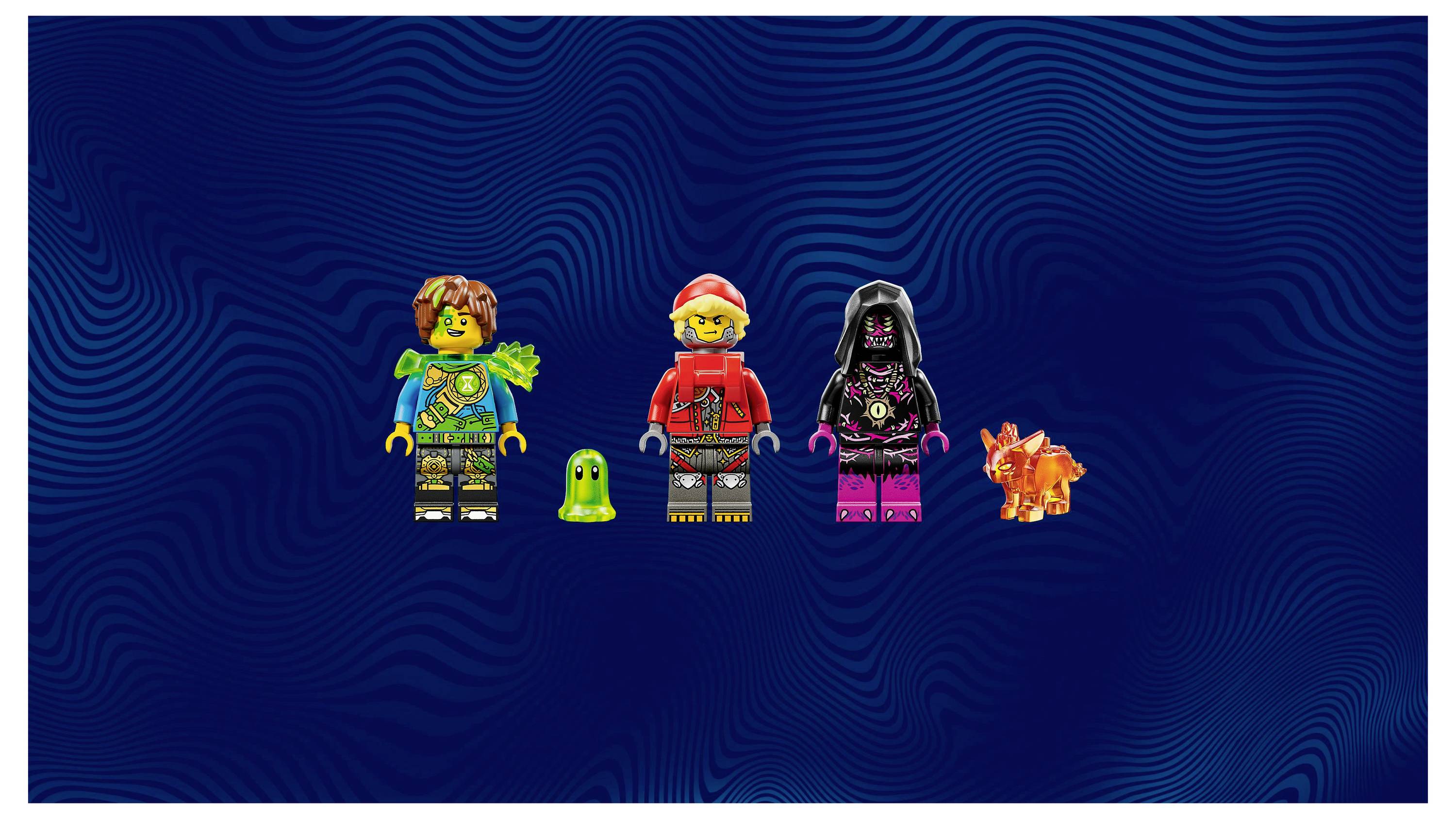 Figurky Lego stojí před zvlněným, tmavě modrým pozadím. Postavy zahrnují zelenou figurku s listem, červenou figurku, černou figurku, zelený blob a oranžovou ostnatou bytost.