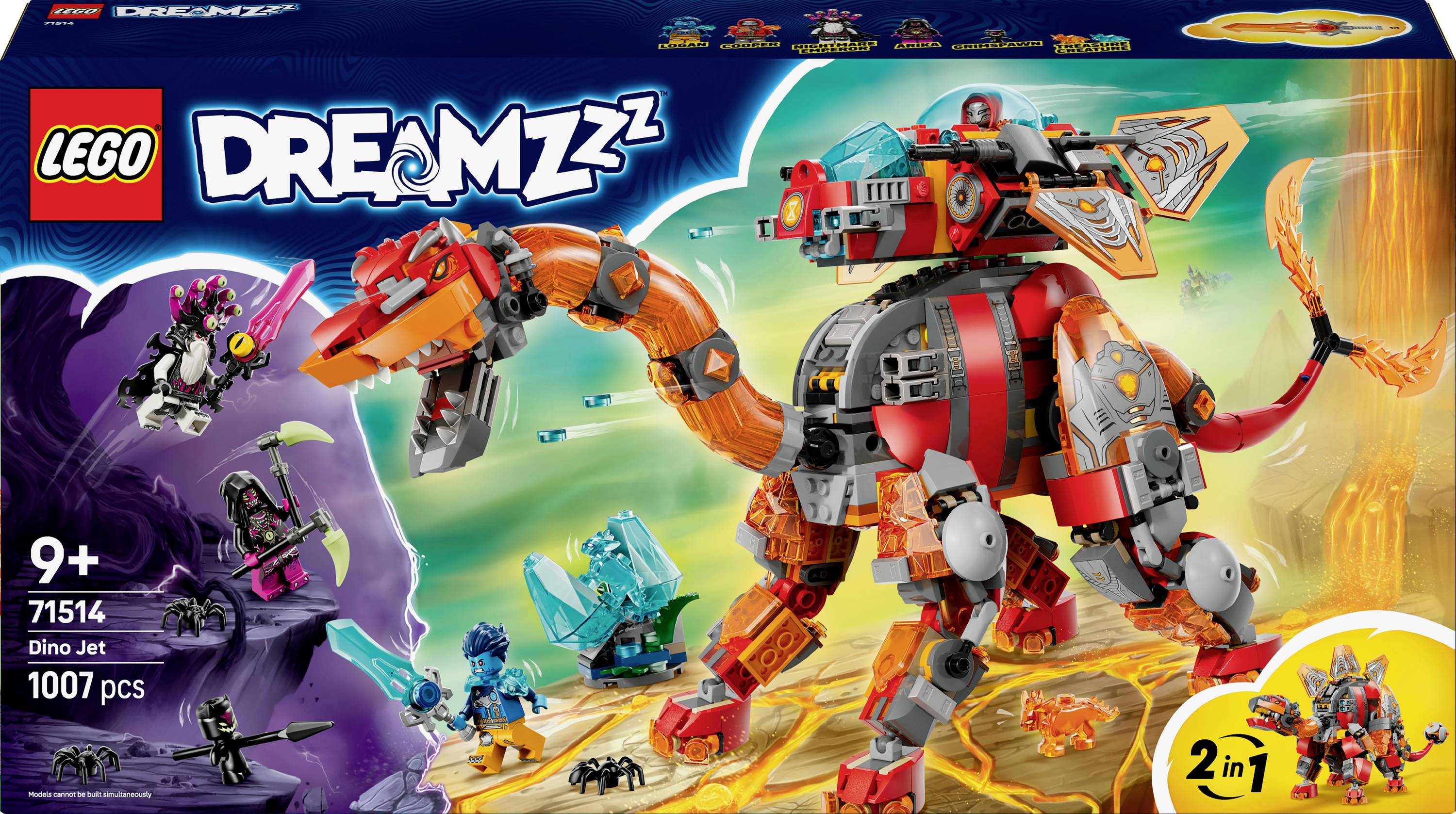 LEGO 'DREAMZzz' Tryskáč Dino hračkářská sada v krabici zobrazující oranžovo-šedého robotického dinosaura s postavičkami, určeno pro děti od 9 let, 1007 dílků.