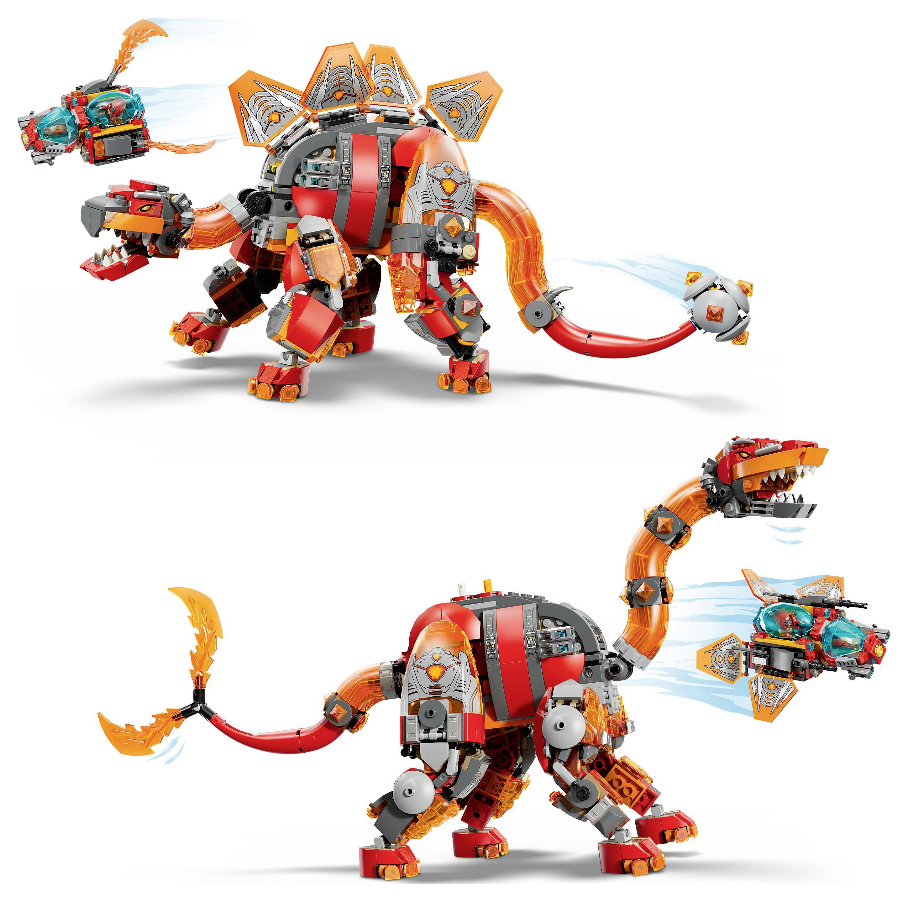 Dva robotické modely dinosaurů vyrobené z propojených plastových dílků; každý má oranžové a červené součásti s modrými energetickými paprsky.