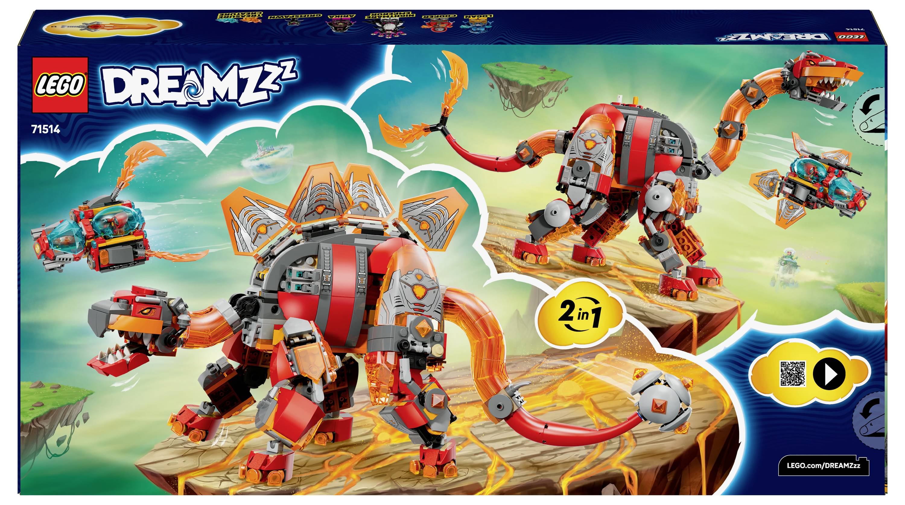 LEGO krabice s buildovatelným robotickým dinosaurem ve stylu '2 v 1', který je součástí série LEGO DREAMZzz, zobrazená na živém pozadí s pestrou scenerií.