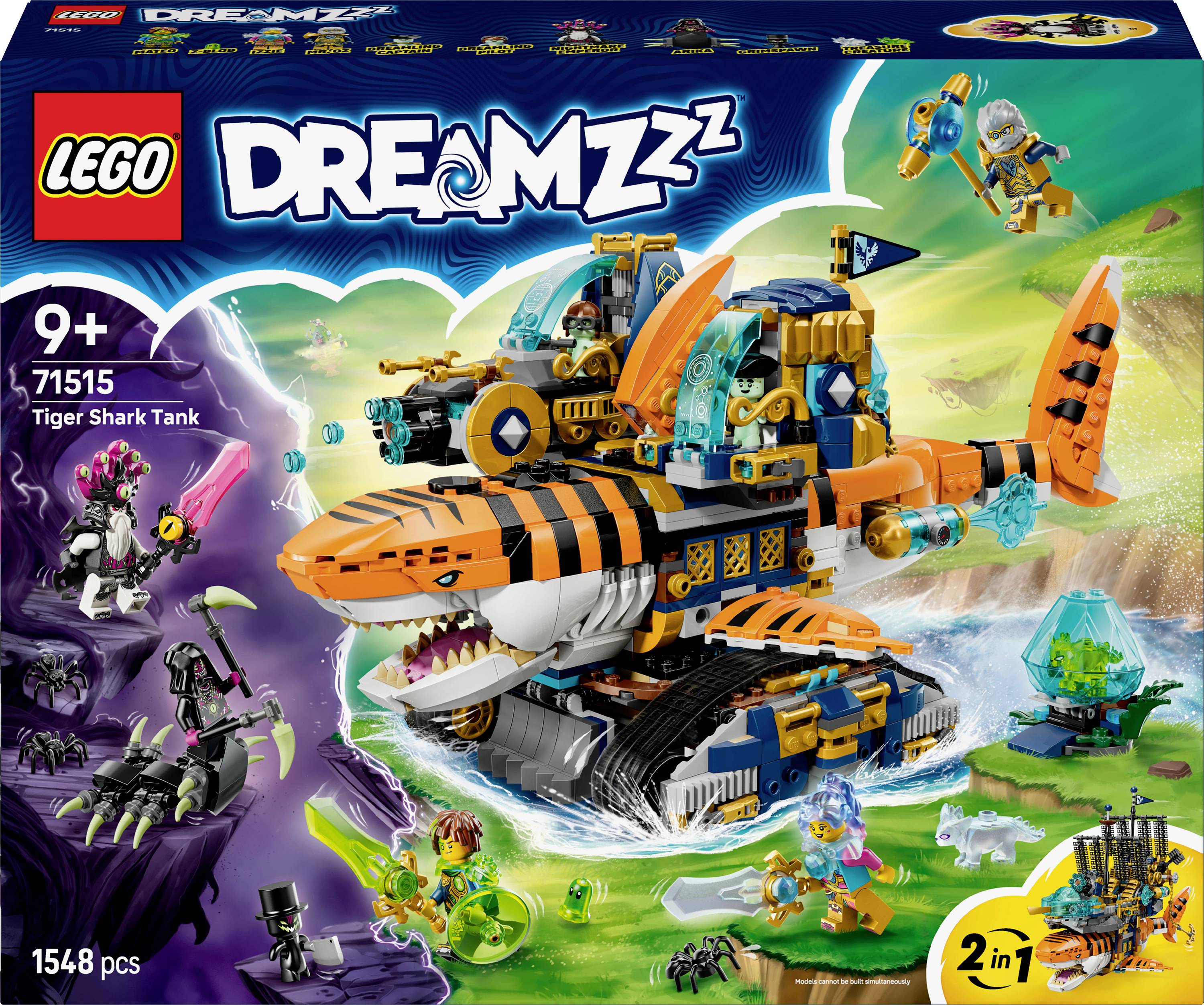 LEGO Dreamzzz sada 71515 'Tygří žraločí tank' pro děti od 9 let, nabízí barevné vozidlo v žraločím stylu se dvěma možnostmi stavby a figurkami.