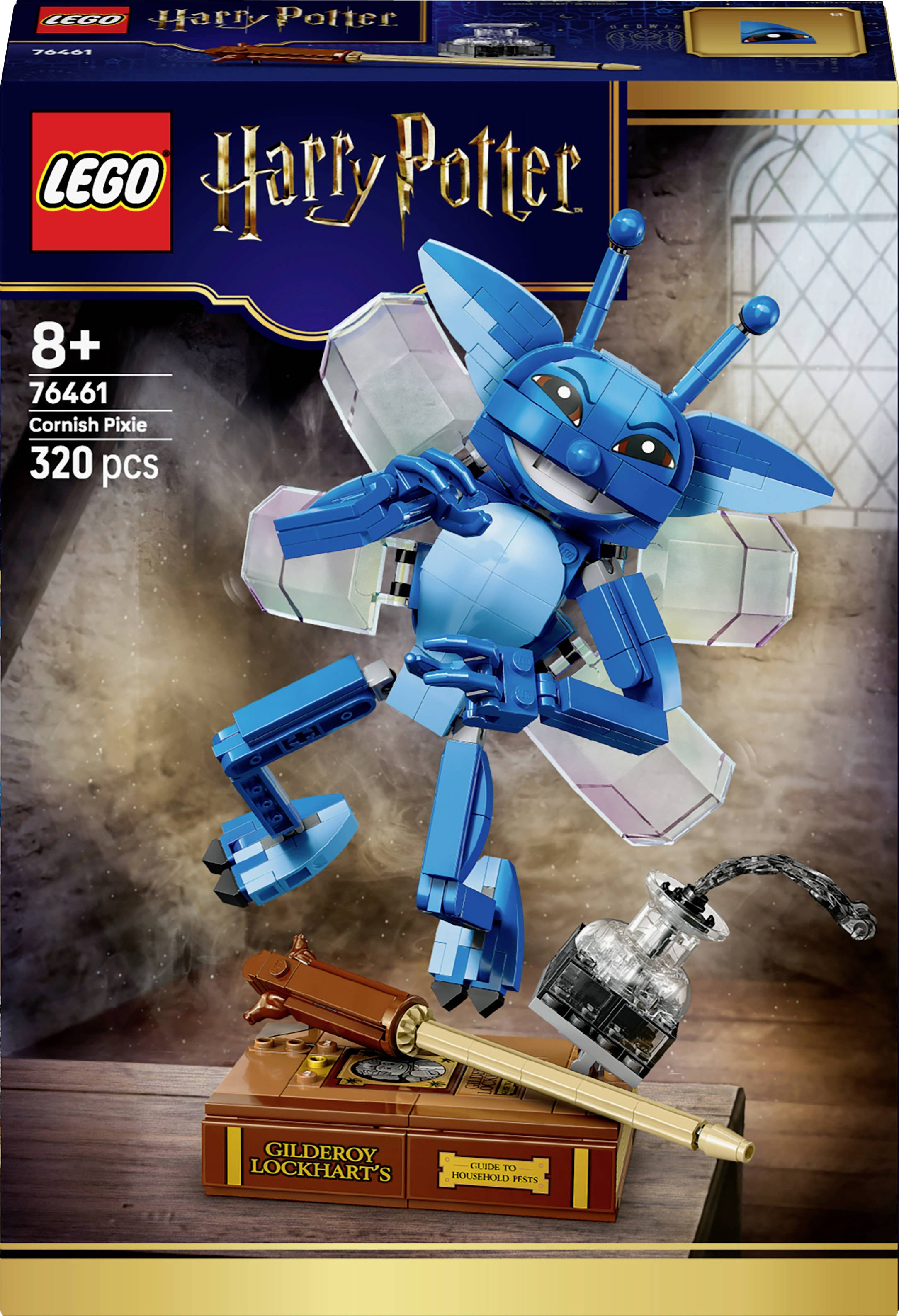 Sada LEGO Harry Potter o 320 kusech pro děti od 8 let, která obsahuje stavitelnou Kornickou skřítku s křídly, hůlkou a lahvičkou lektvaru na výstavním stojánku.