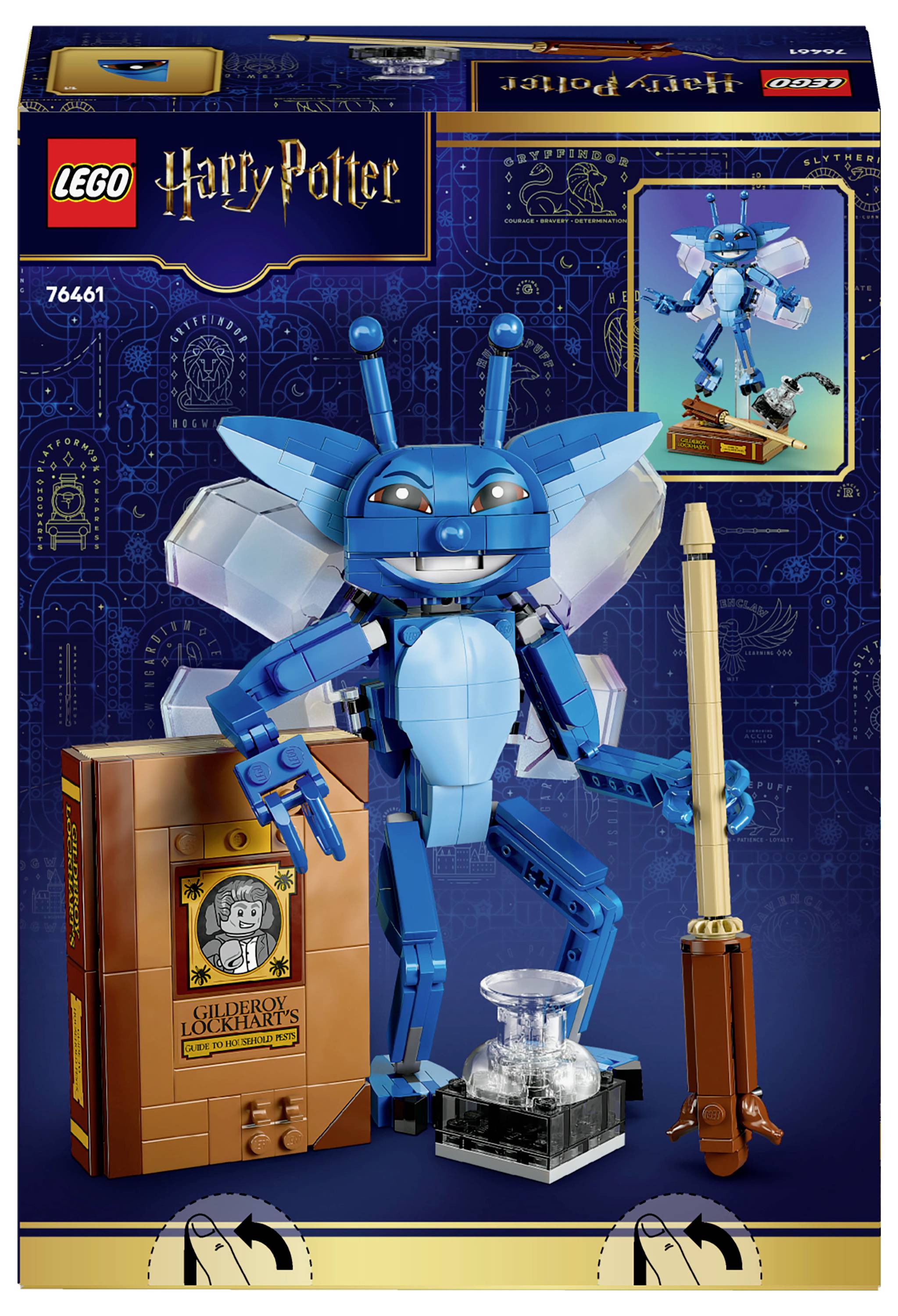 Sada LEGO Harry Potter v krabici obsahující modrou mechanickou postavu, koště, knihu a láhev lektvaru na obalu.