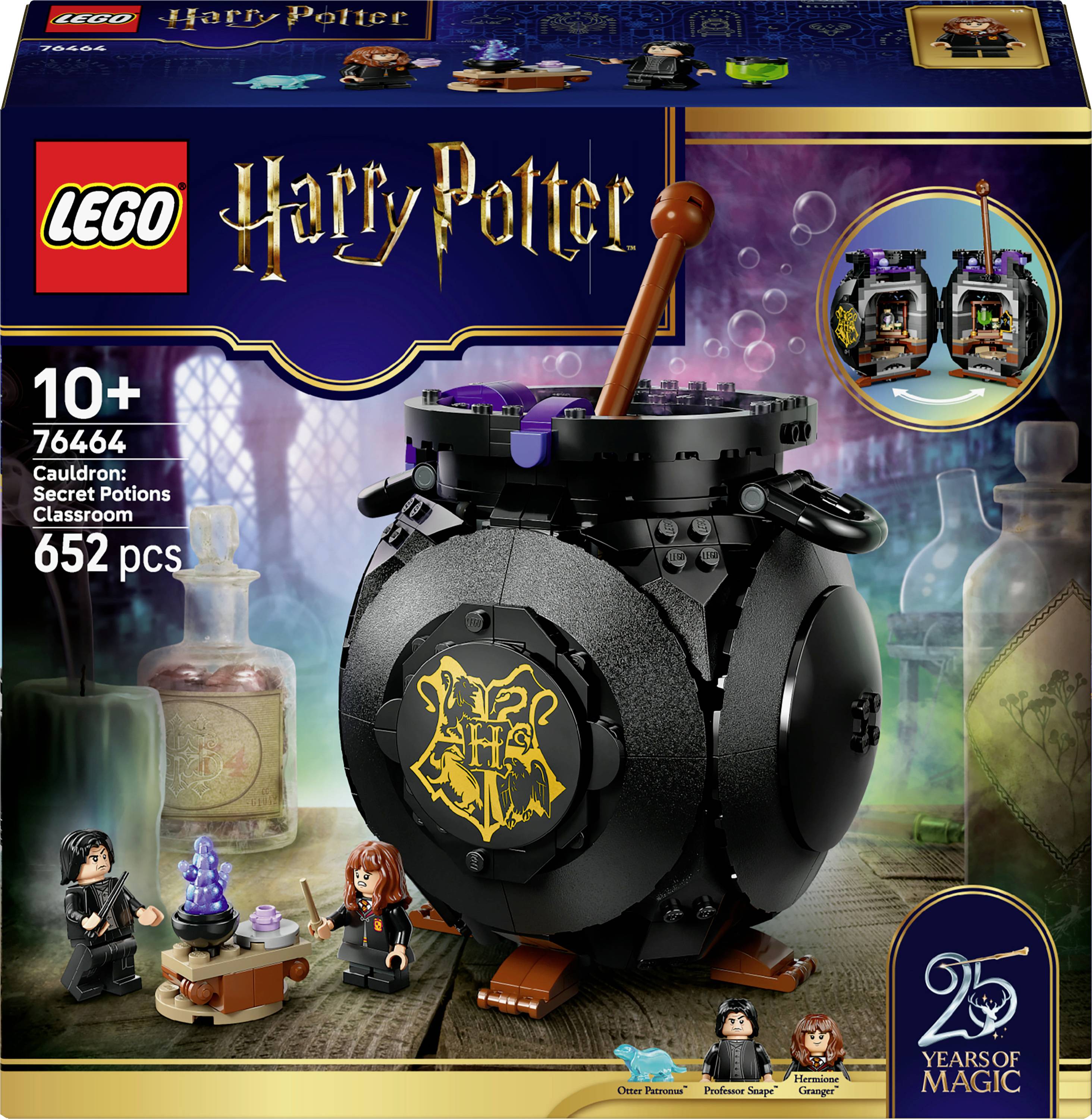 LEGO Harry Potter sada, 652 dílků. Obsahuje kotel s emblémem 'HS', scénu lektvarové učebny a figurky. Určeno pro děti od 10 let.