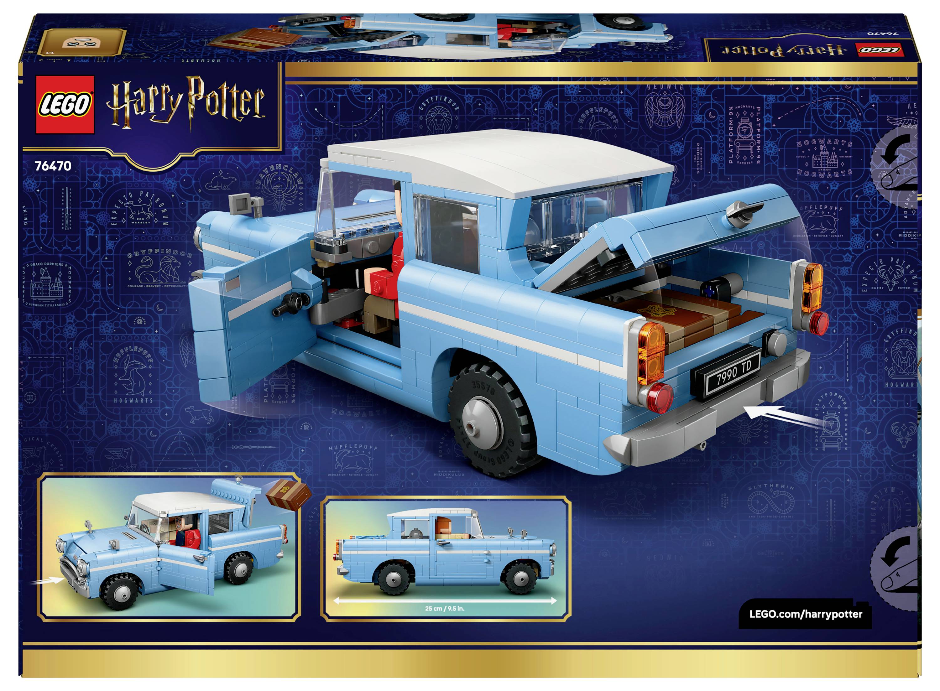 Krabice sady LEGO 'Harry Potter 76470', zobrazující modré LEGO auto. Dvířka a zavazadlový prostor vozu jsou otevřené, odhalující detaily interiéru.