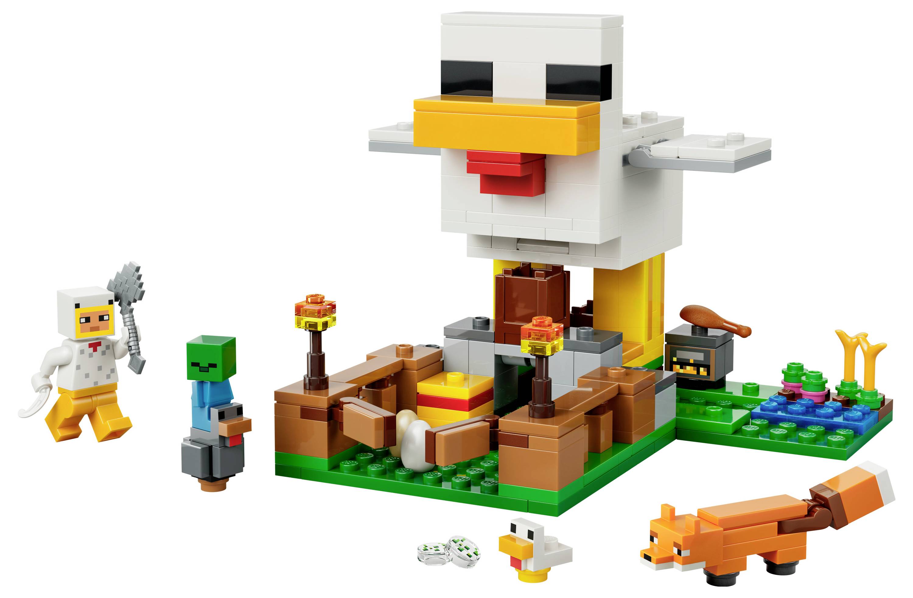 Sada LEGO sestávající z velké struktury slepice s propadlem, obklopené LEGO figurkou, mládětem slepice, liškou a zombie.